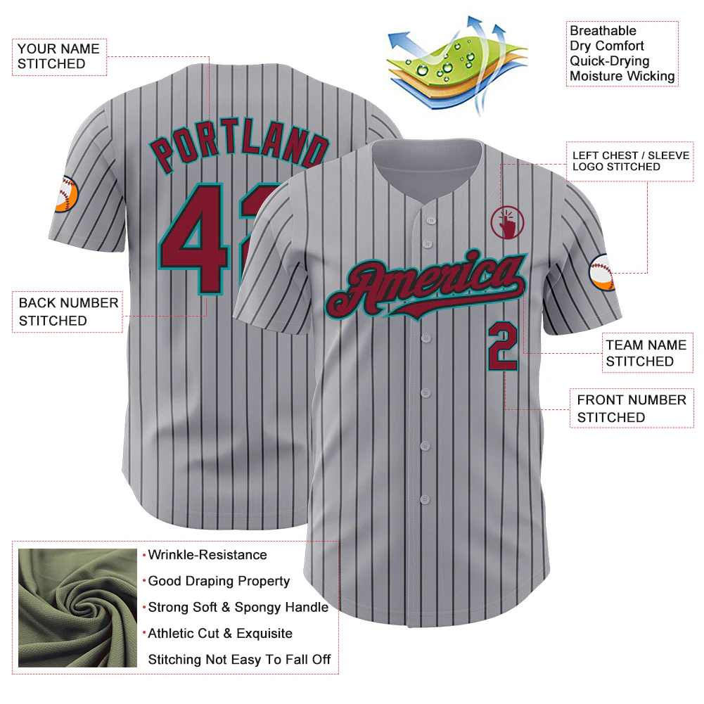 Custom Gray Black Pinstripe Crimson-Teal Authentic Baseball Jersey - Image 3