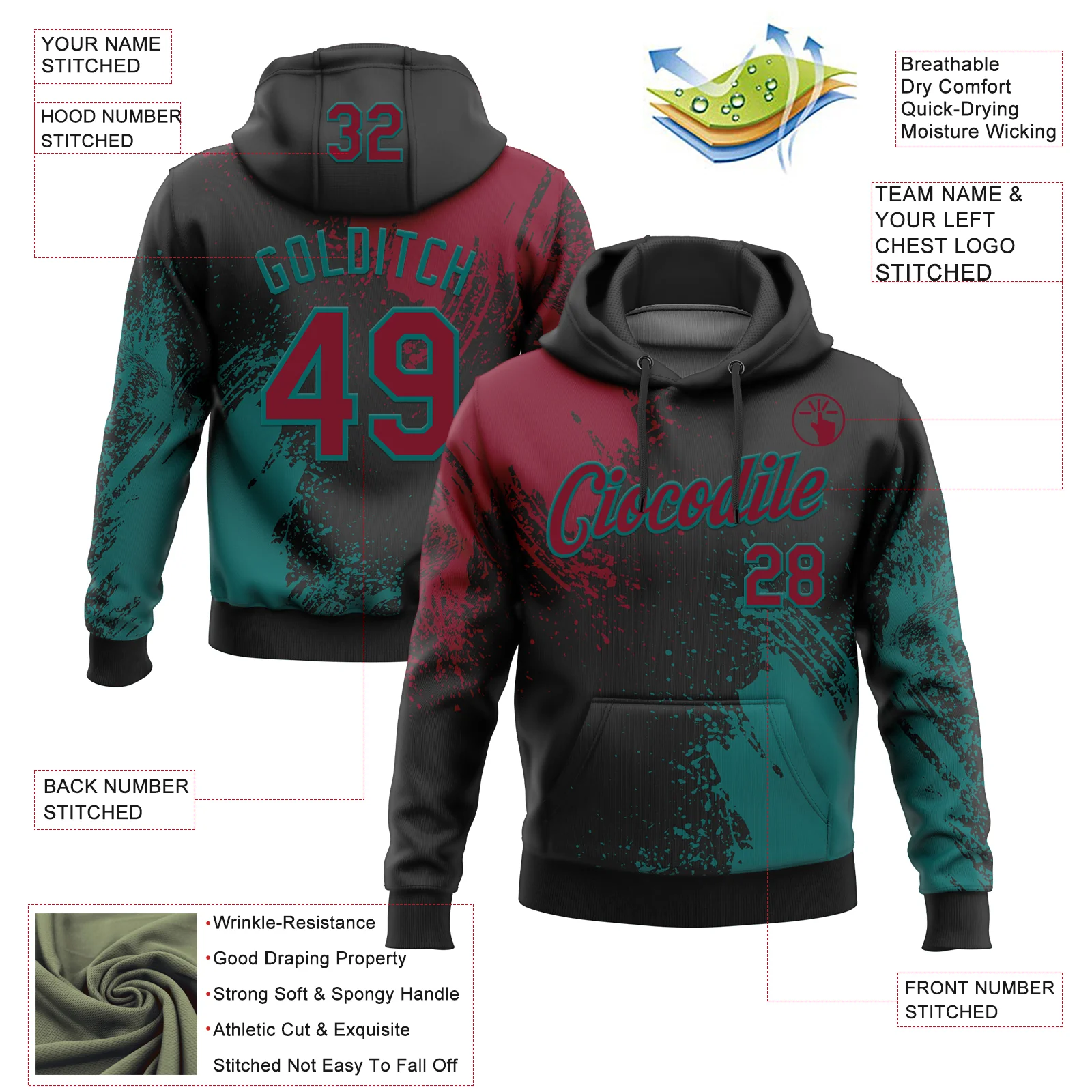 Custom Stitched Black Crimson-Teal 3D Pattern Design Abstract Brush Stroke Sports Pullover Sweatshirt Hoodie - Image 2