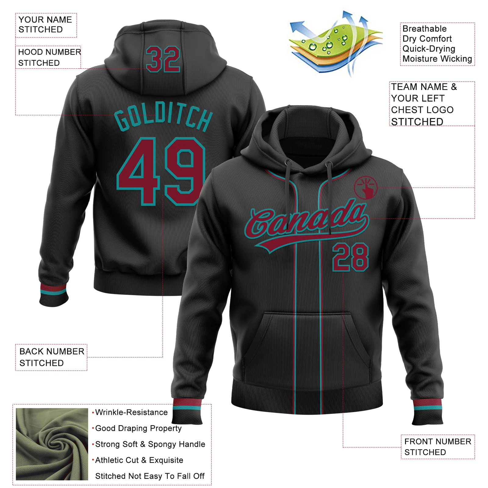 Custom Stitched Black Crimson-Teal Baseball Pullover Sweatshirt Hoodie - Image 2