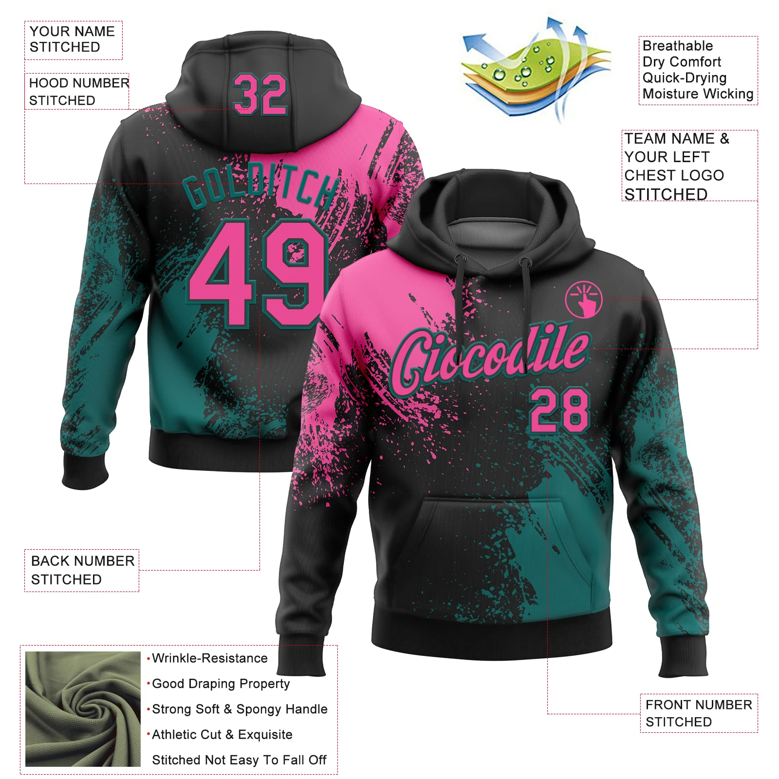 Custom Stitched Black Pink-Teal 3D Pattern Design Abstract Brush Stroke Sports Pullover Sweatshirt Hoodie - Image 2