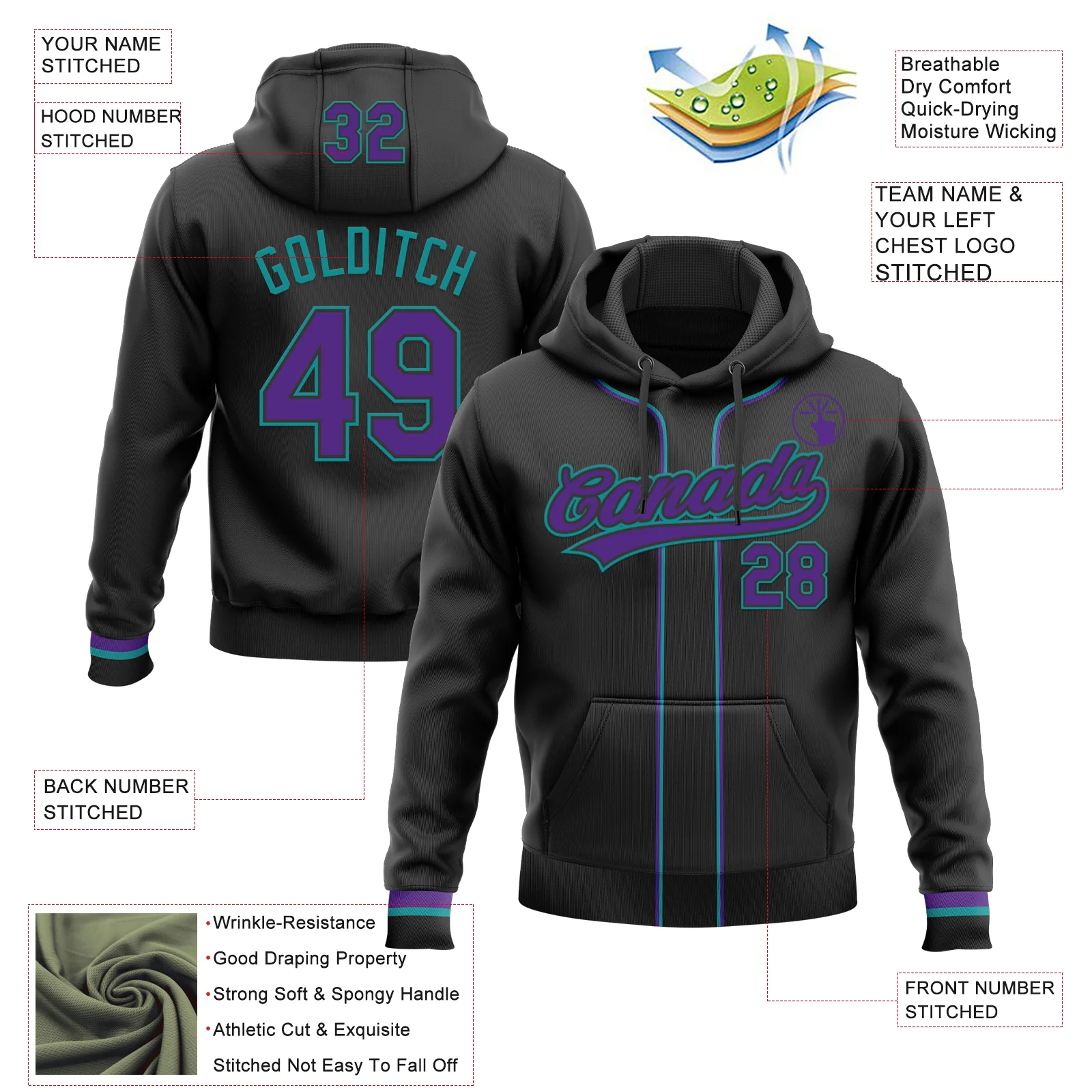 Custom Stitched Black Purple-Teal Baseball Pullover Sweatshirt Hoodie - Image 2