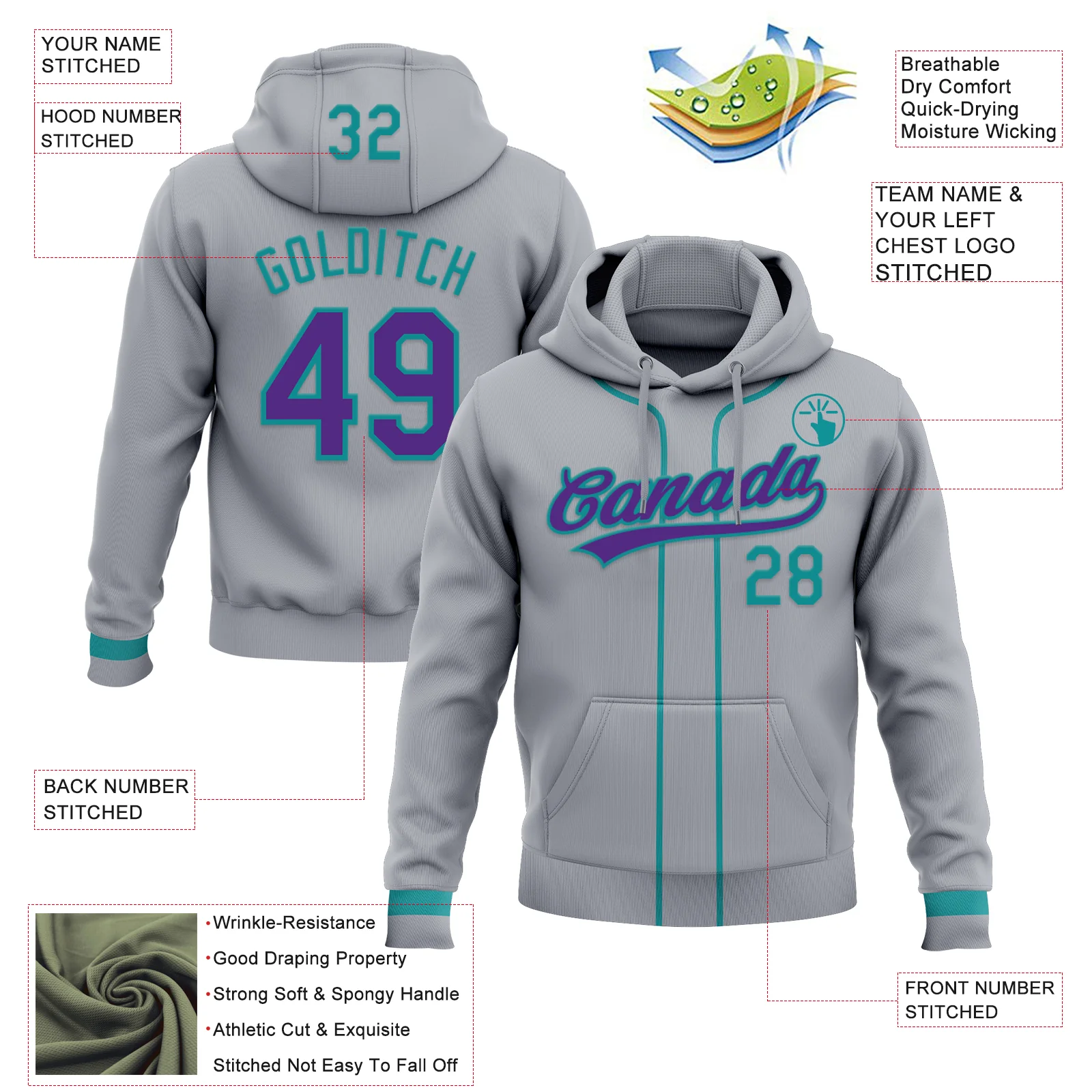 Custom Stitched Gray Purple-Teal Baseball Pullover Sweatshirt Hoodie - Image 2