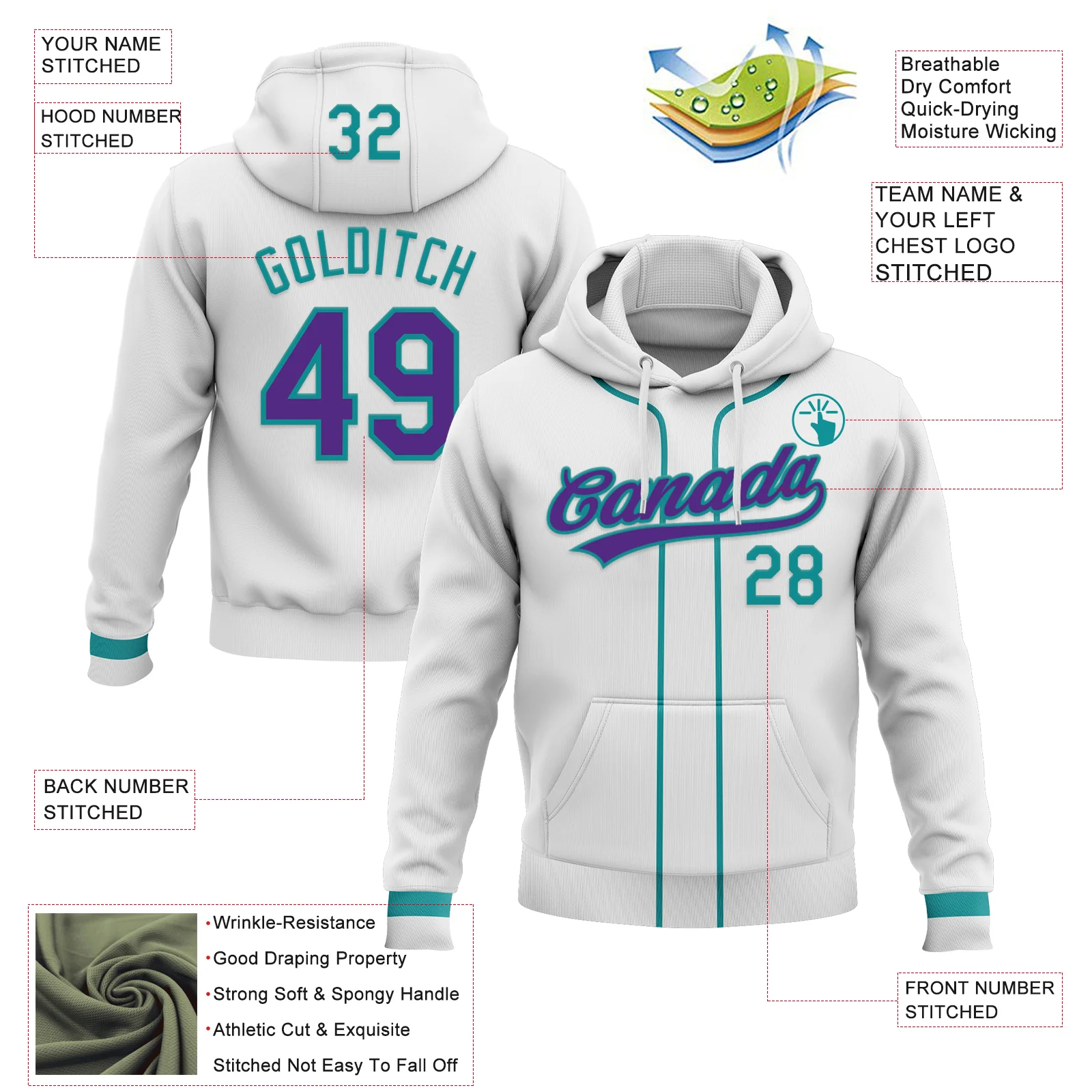 Custom Stitched White Purple-Teal Baseball Pullover Sweatshirt Hoodie - Image 2