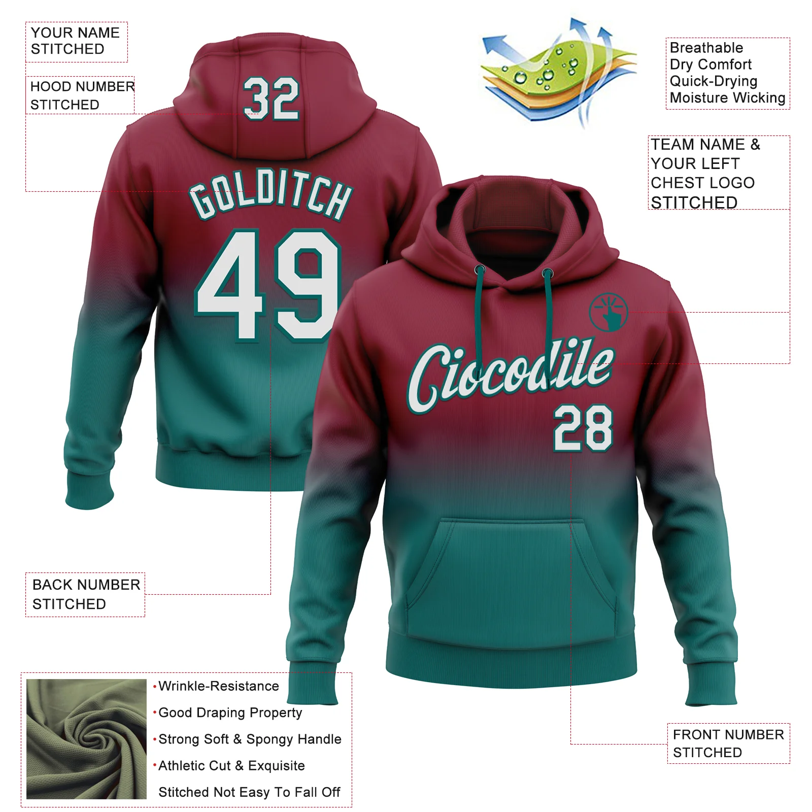 Custom Stitched Crimson White-Teal Fade Fashion Sports Pullover Sweatshirt Hoodie - Image 2