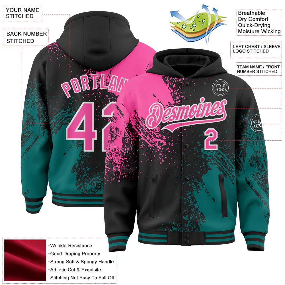 Custom Black Pink Teal-White Abstract Brush Stroke 3D Pattern Design Bomber Full-Snap Varsity Letterman Hoodie Jacket - Image 4