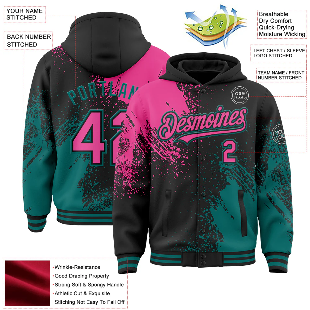 Custom Black Pink-Teal Abstract Brush Stroke 3D Pattern Design Bomber Full-Snap Varsity Letterman Hoodie Jacket - Image 4