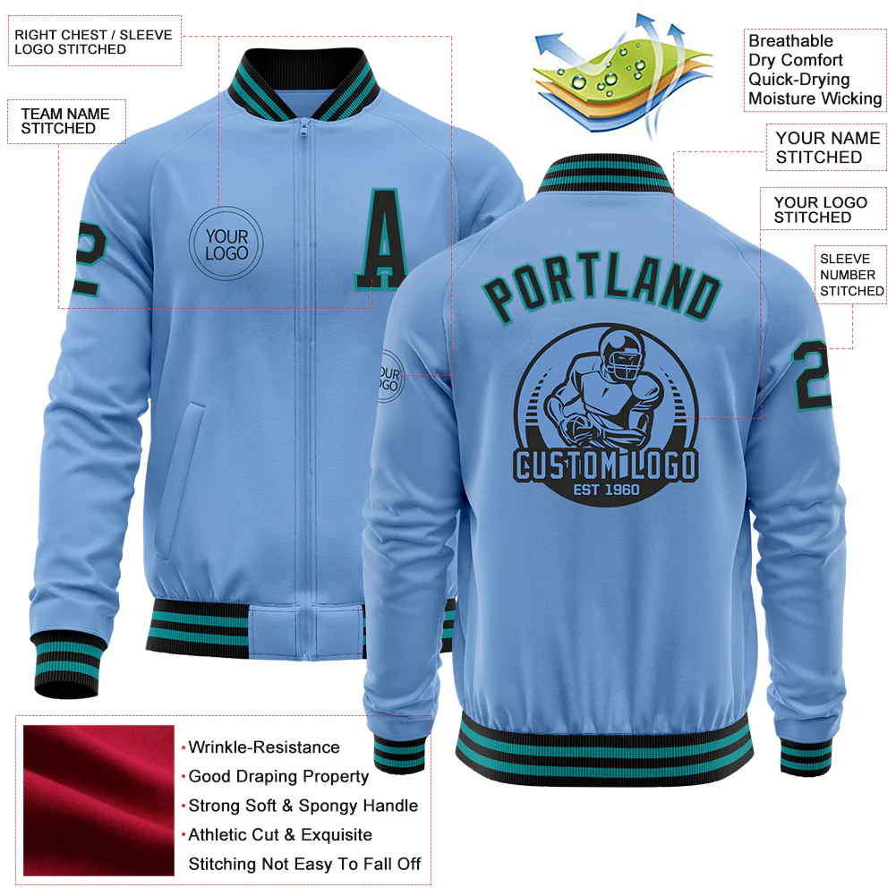 Custom Light Blue Black-Teal Bomber Varsity Letterman Zipper Jacket - Image 4