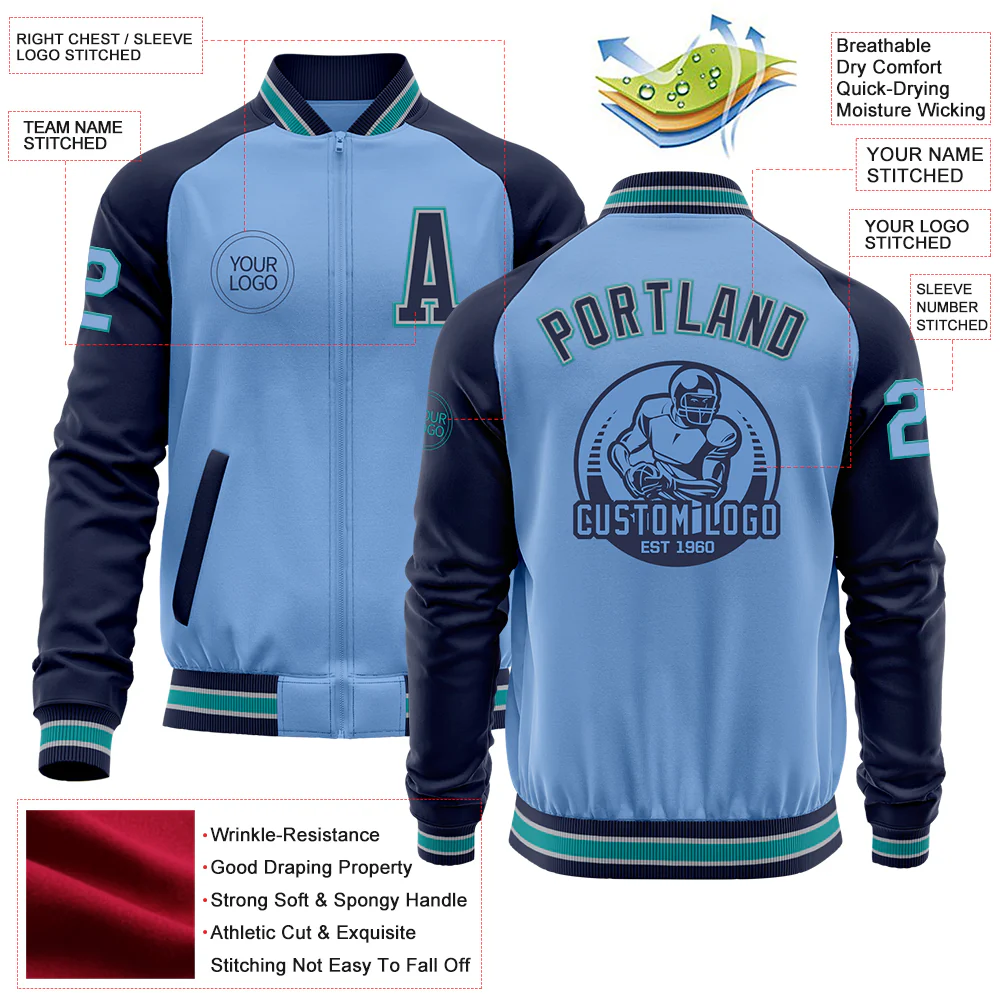 Custom Light Blue Teal Navy-Gray Bomber Varsity Letterman Two Tone Zipper Jacket - Image 4