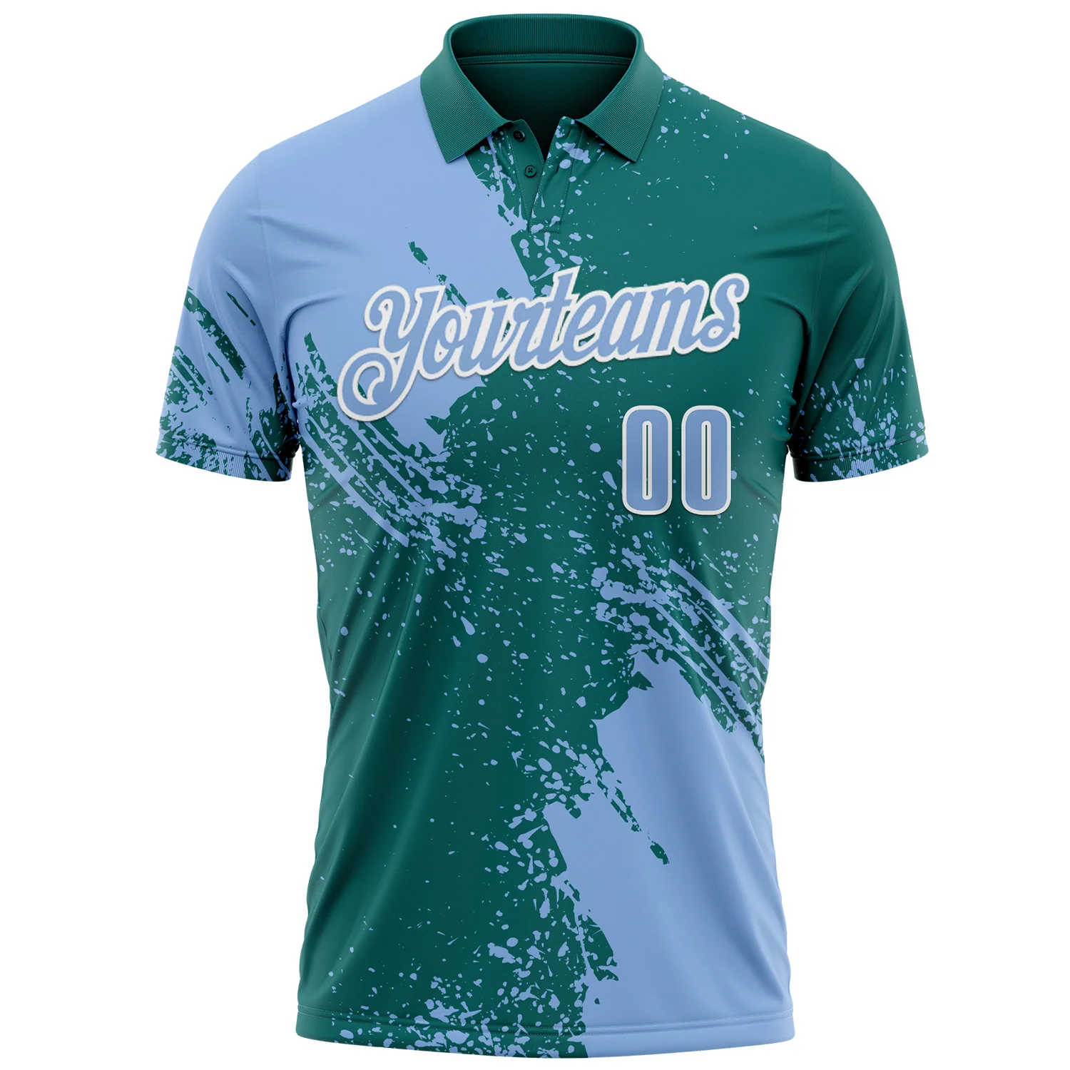 Custom Light Blue Teal-White 3D Pattern Design Abstract Brush Stroke Performance Polo Shirt - Image 2