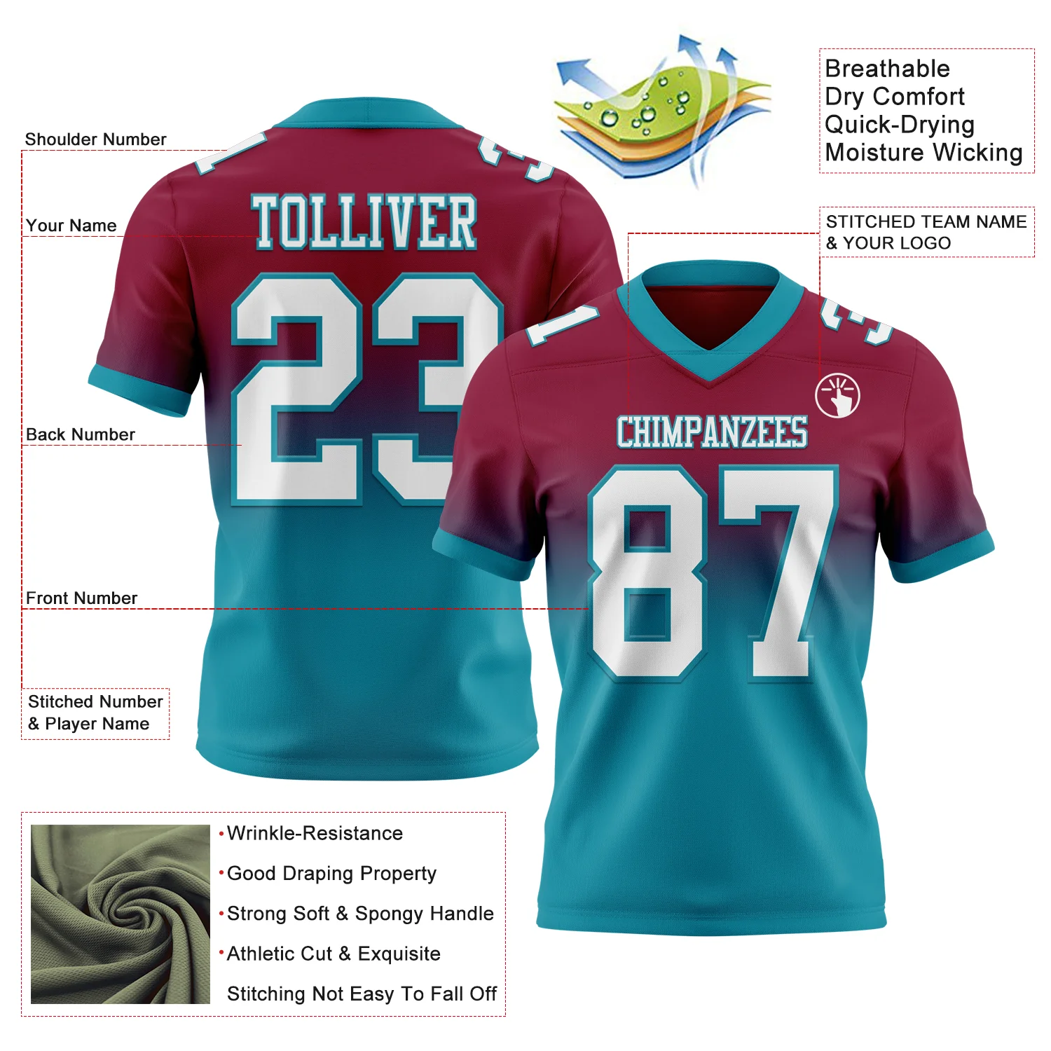 Custom Maroon White-Teal Authentic Fade Fashion Football Jersey - Image 2