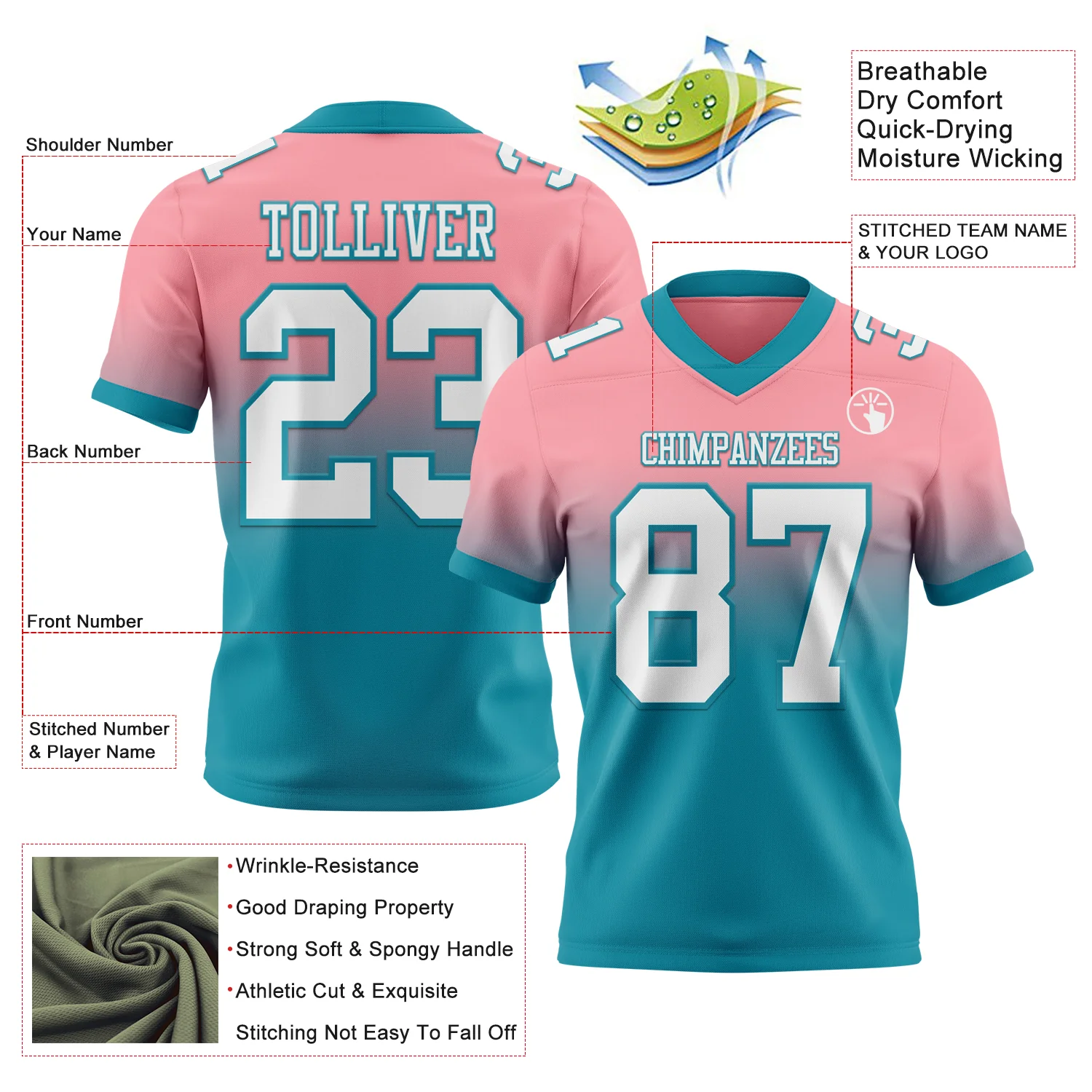 Custom Medium Pink White-Teal Authentic Fade Fashion Football Jersey - Image 2