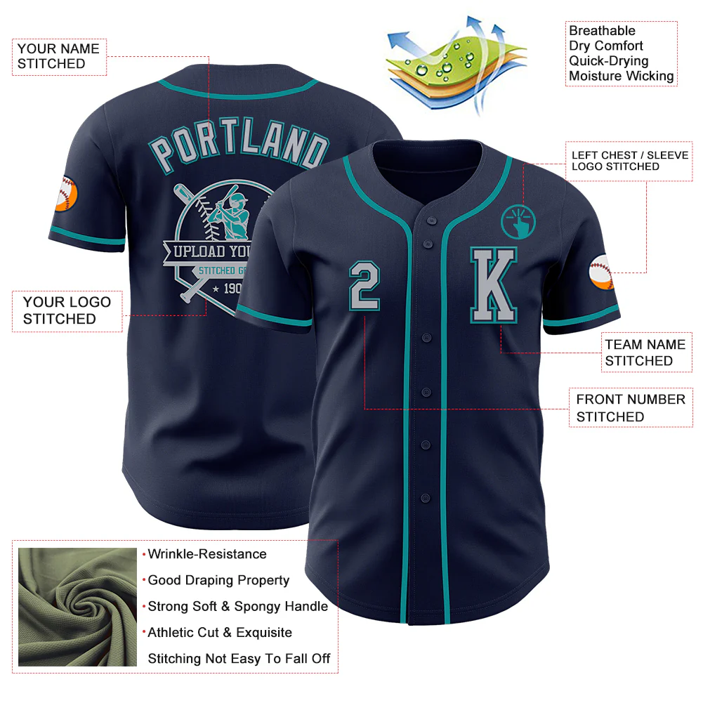 Custom Navy Gray-Teal Authentic Baseball Jersey - Image 6