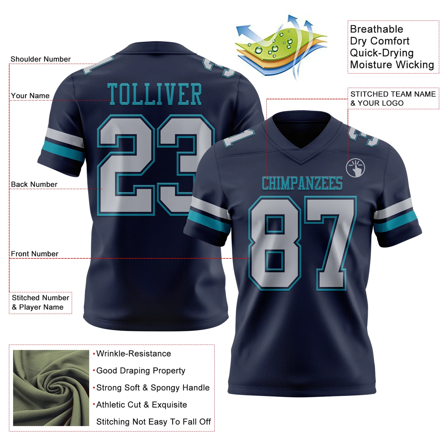 Custom Navy Gray-Teal Authentic Football Jersey - Image 3