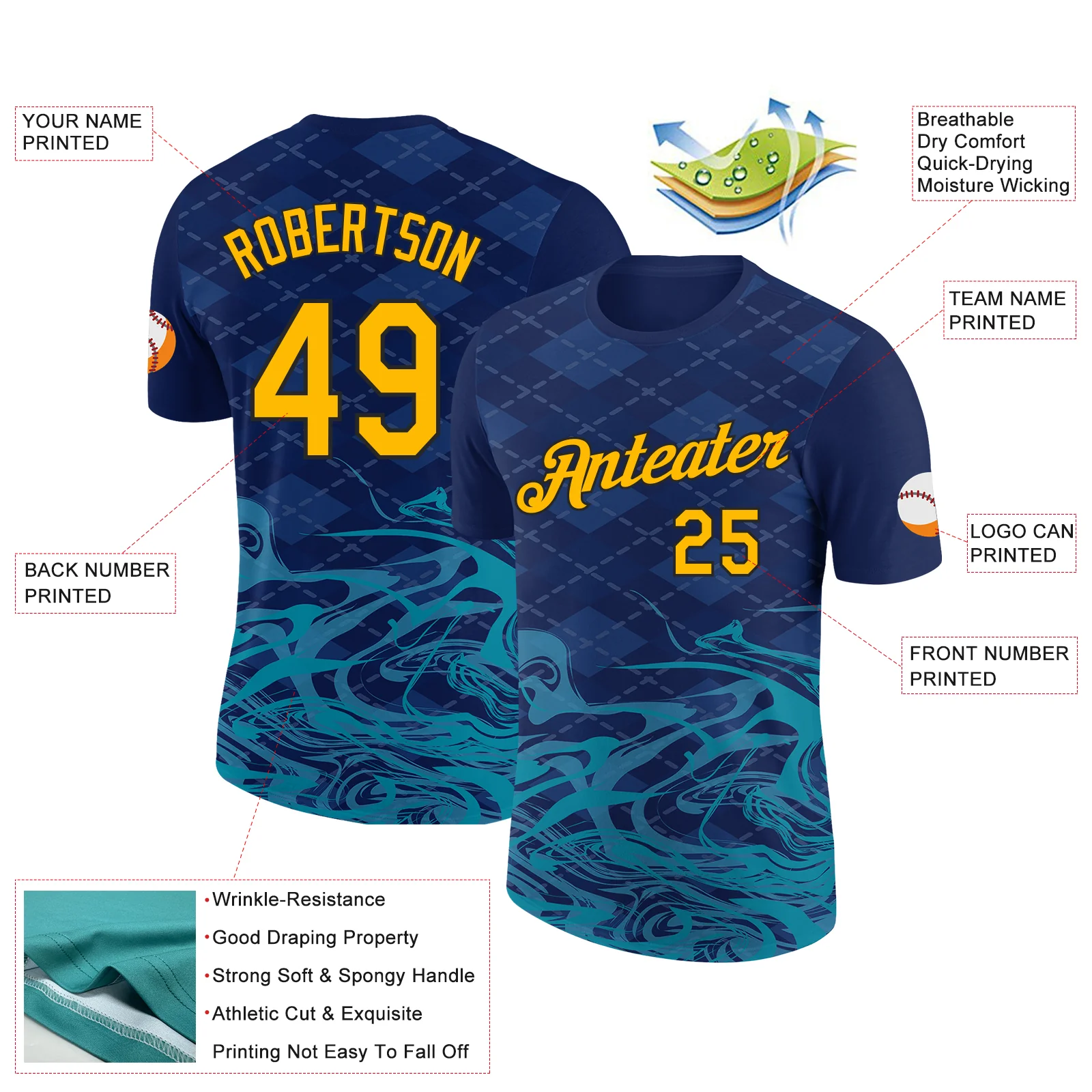 Custom Navy Gold Teal-Black 3D Esports Performance T-Shirt - Image 2