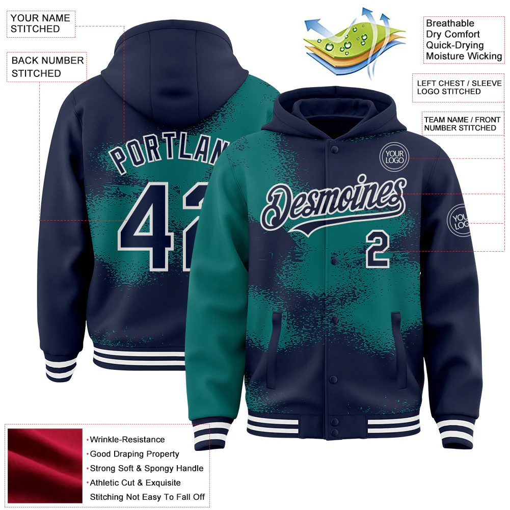 Custom Navy Teal-White Abstract Color Blocks Fragment Pattern Bomber Full-Snap Varsity Letterman Hoodie Jacket - Image 4