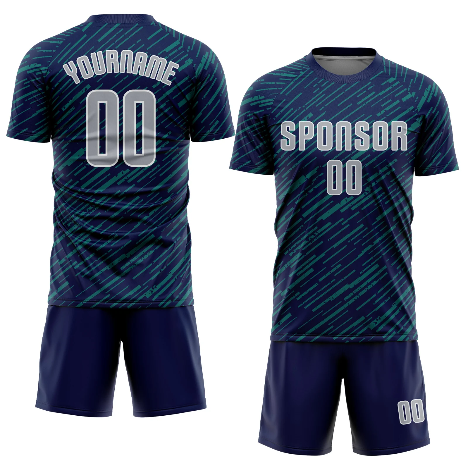 Custom Navy Gray Teal-White Line Sports Sublimation Soccer Uniform Jersey - Image 2