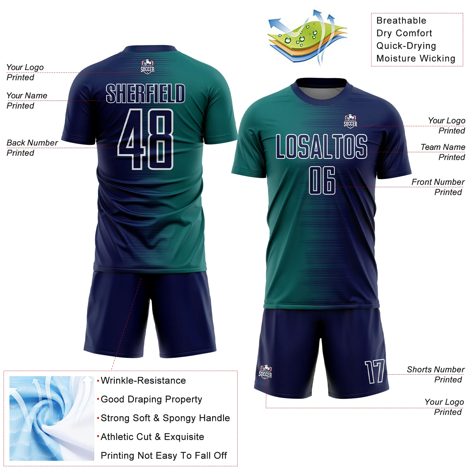Custom Navy Teal-White Gradient Line Sublimation Soccer Uniform Jersey - Image 4