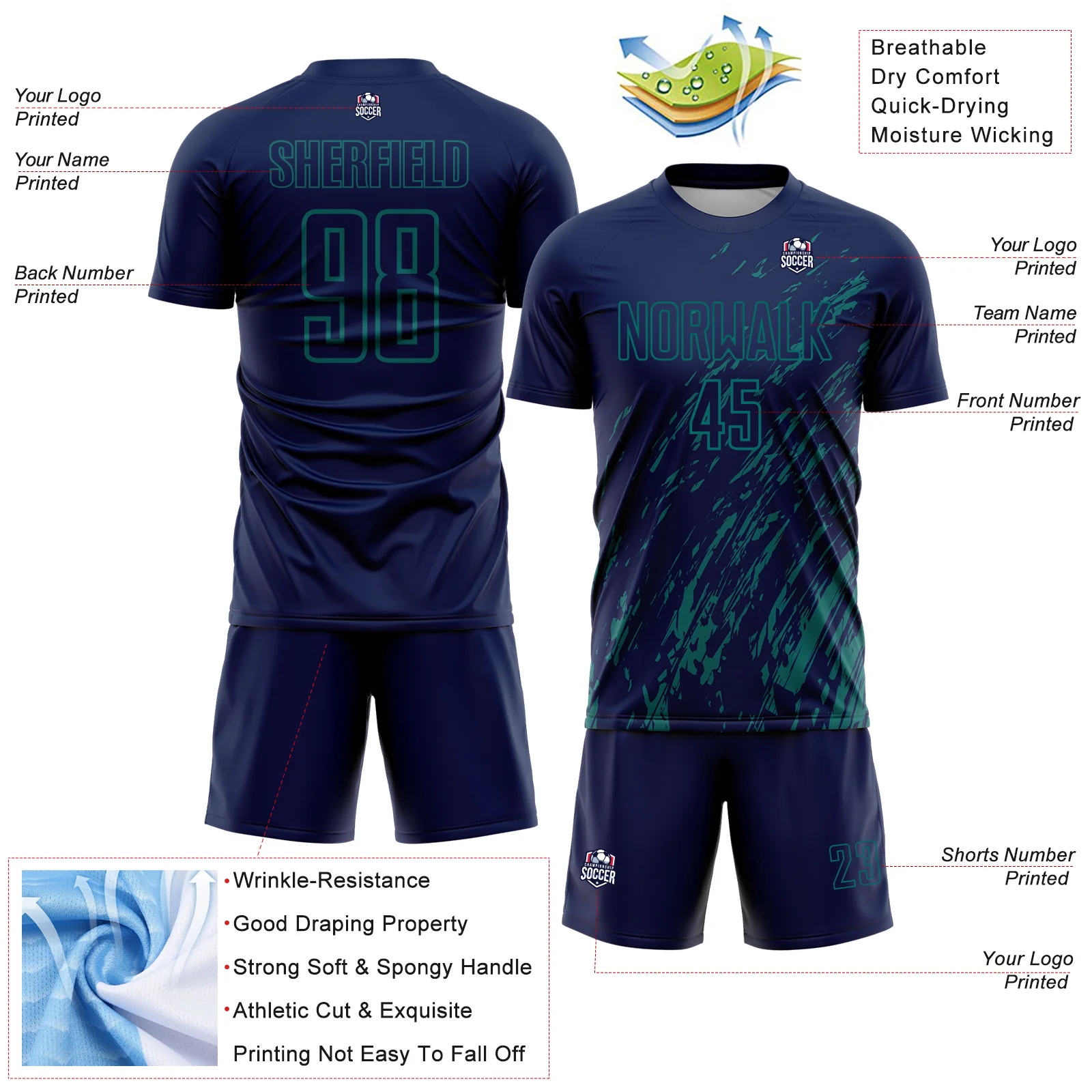 Custom Navy Teal Splash Sublimation Soccer Uniform Jersey - Image 4