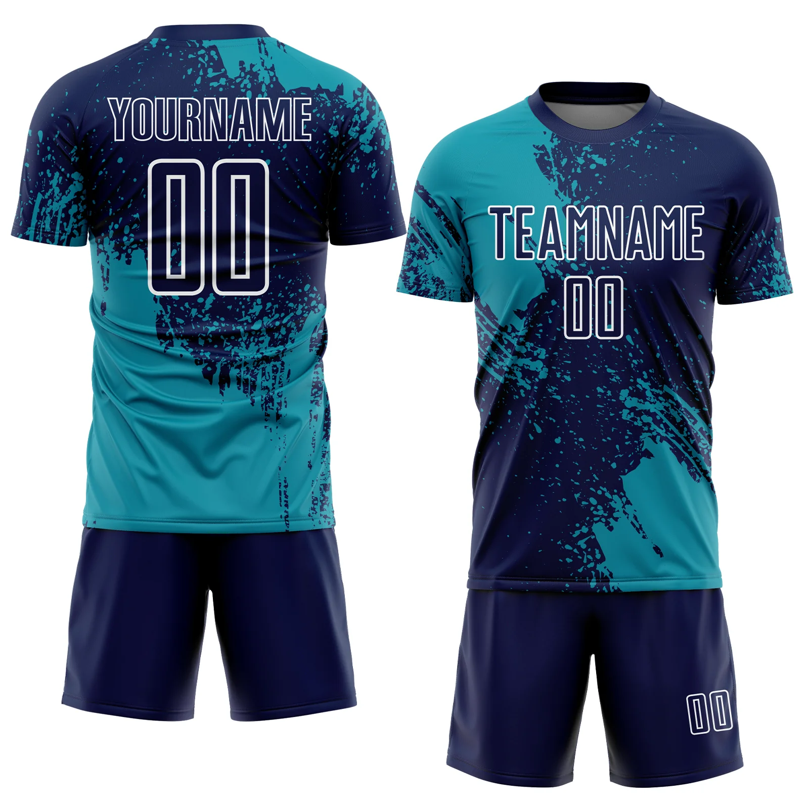 Custom Navy Teal-White Abstract Brush Stroke Sports Sublimation Soccer Uniform Jersey - Image 2