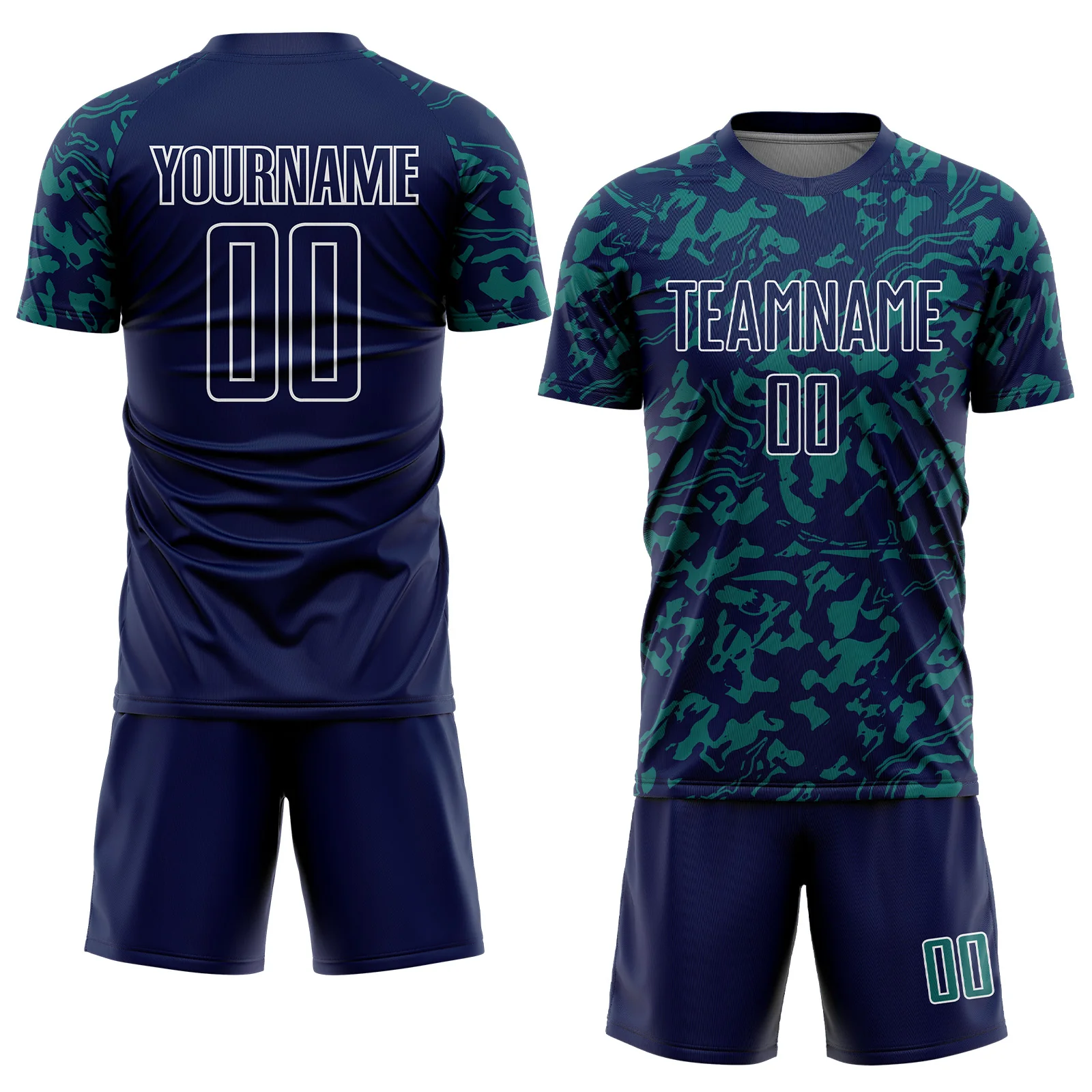 Custom Navy Teal-White Liquid Fluid Pattern Sports Sublimation Soccer Uniform Jersey - Image 2