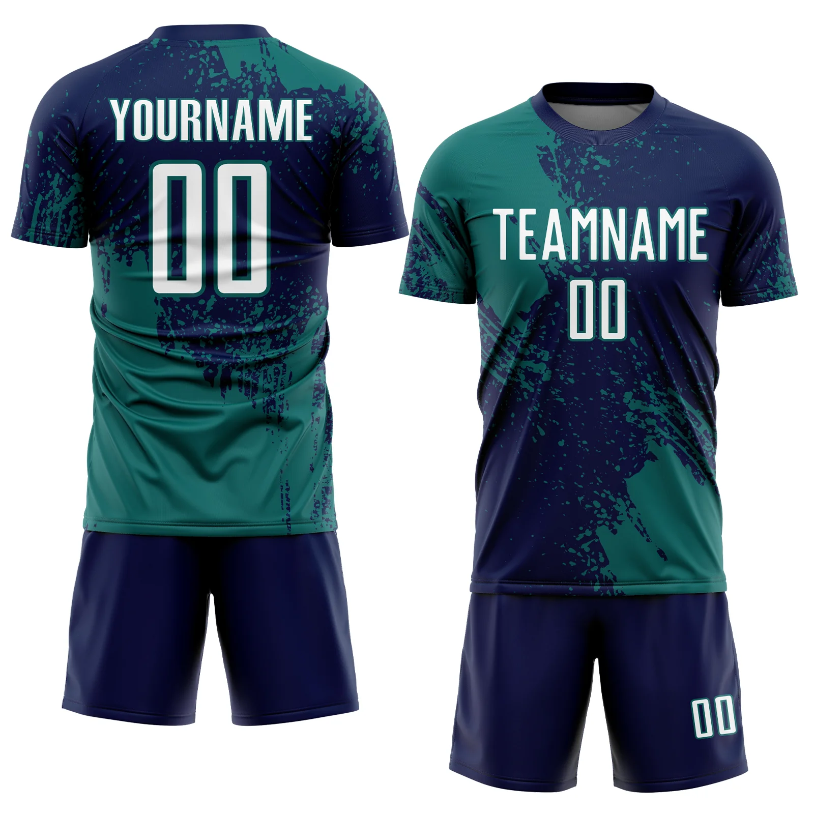 Custom Navy White-Teal Abstract Brush Stroke Sports Sublimation Soccer Uniform Jersey - Image 2