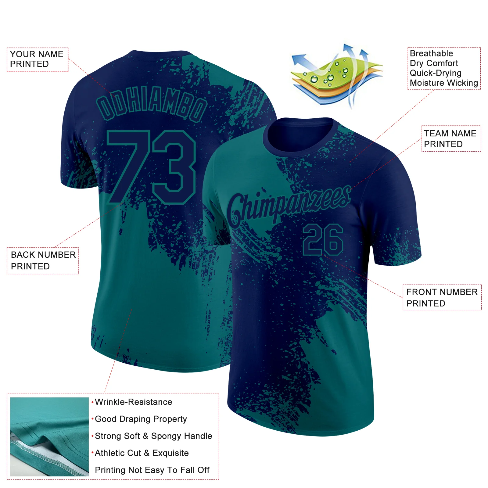 Custom Navy Teal 3D Pattern Design Abstract Brush Stroke Performance T-Shirt - Image 2