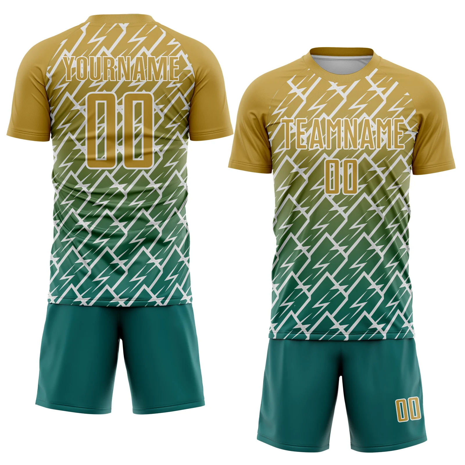 Custom Old Gold Teal-White Lightning Sports Sublimation Soccer Uniform Jersey - Image 2