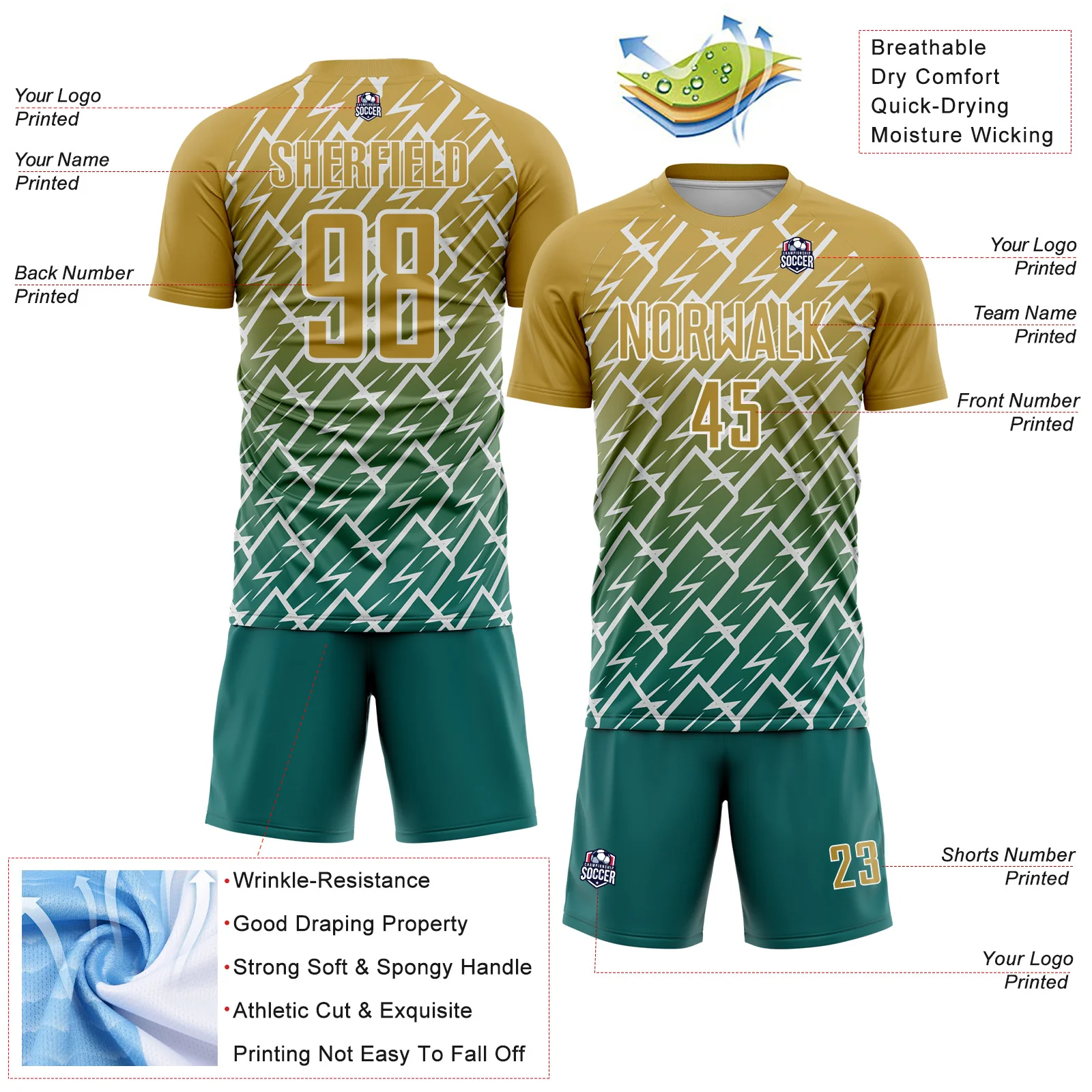 Custom Old Gold Teal-White Lightning Sports Sublimation Soccer Uniform Jersey - Image 4