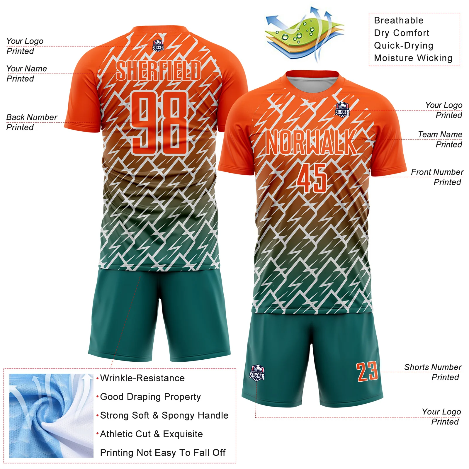 Custom Orange Teal-White Lightning Sports Sublimation Soccer Uniform Jersey - Image 4