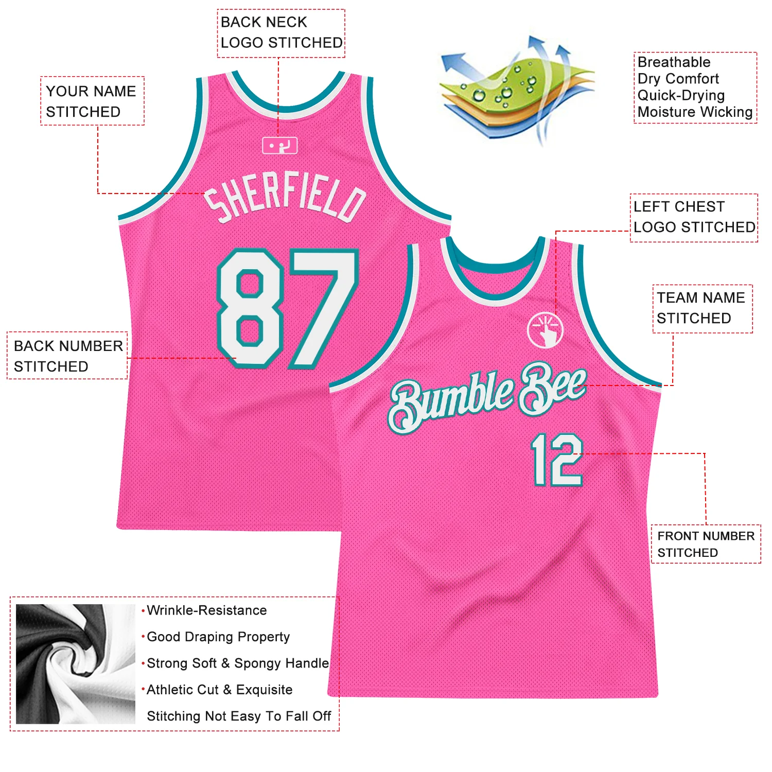 Custom Pink White-Teal Authentic Throwback Basketball Jersey - Image 2