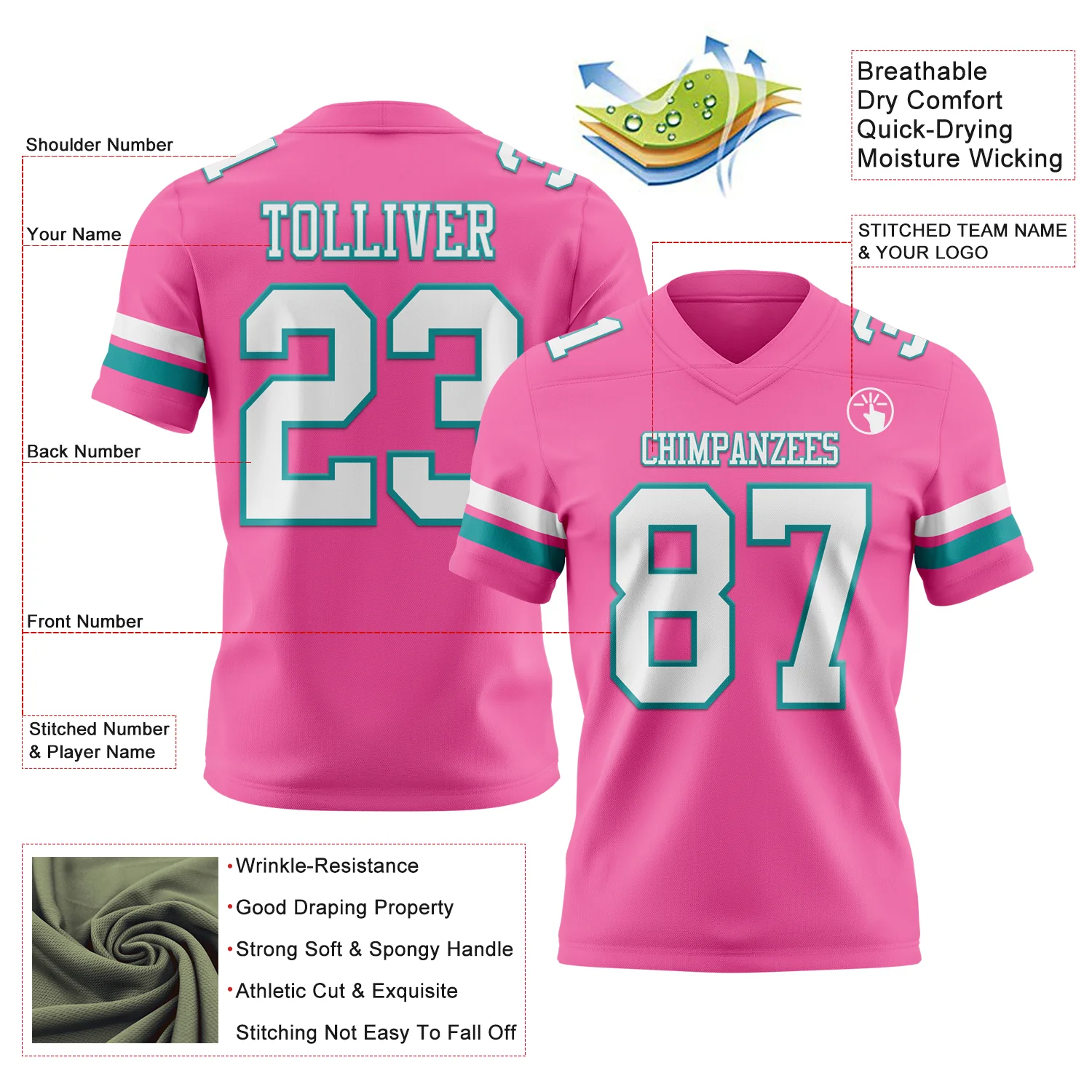 Custom Pink White-Teal Authentic Football Jersey - Image 3