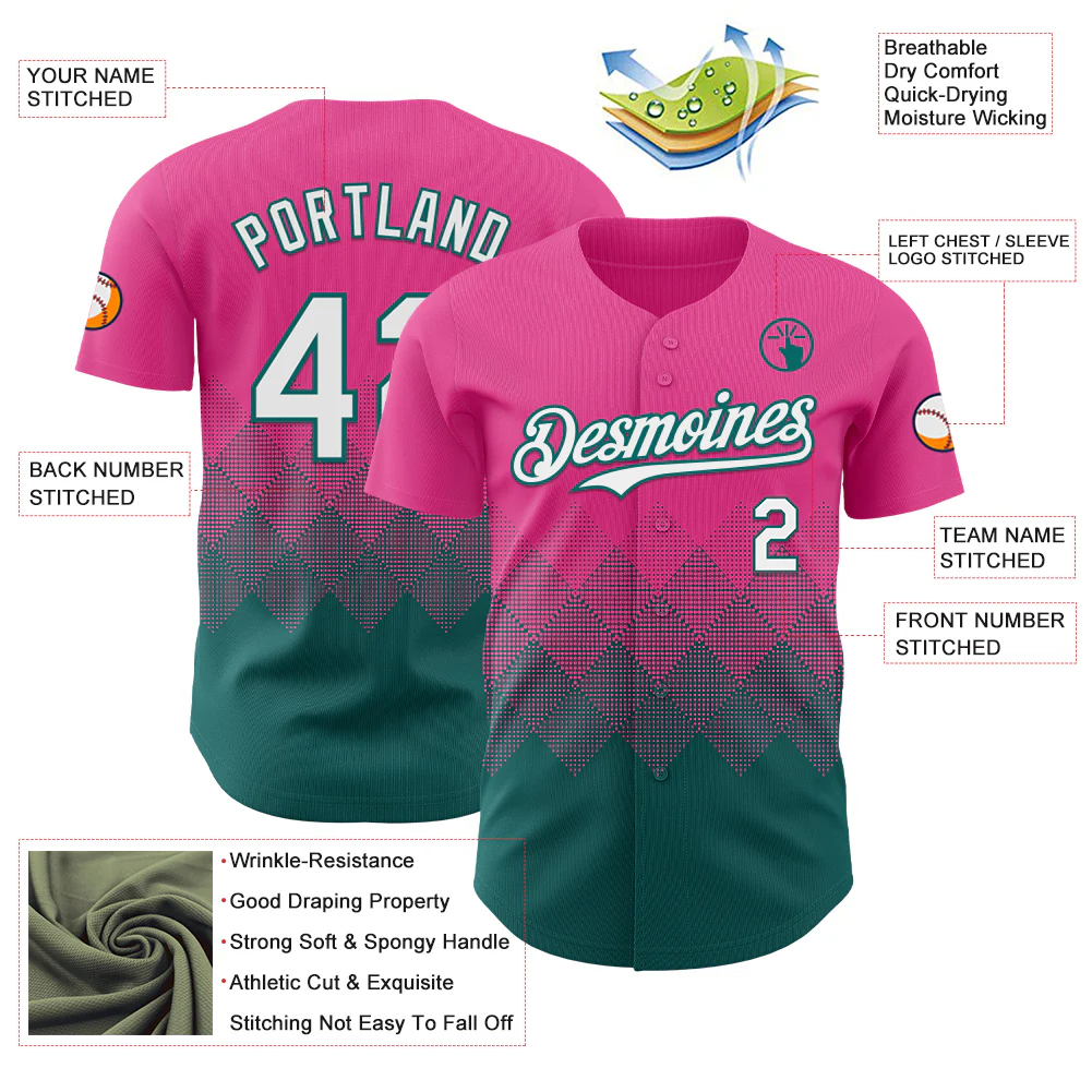 Custom Pink White-Teal 3D Gradient Square Shape Authentic Baseball Jersey - Image 3