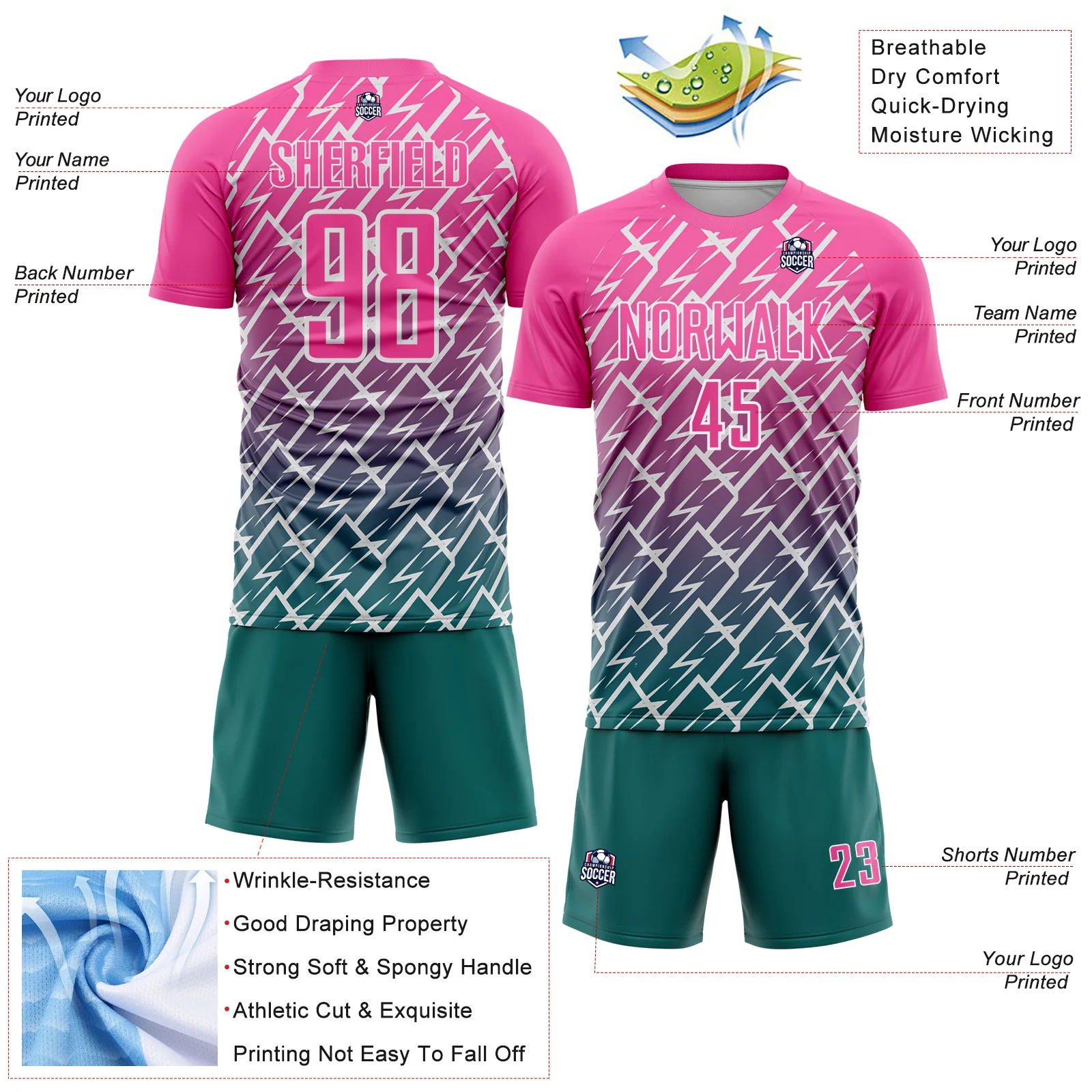 Custom Pink Teal-White Lightning Sports Sublimation Soccer Uniform Jersey - Image 4
