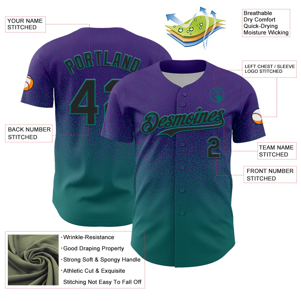 Custom Purple Black-Teal Fade Fashion Speckle Authentic Baseball Jersey - Image 3