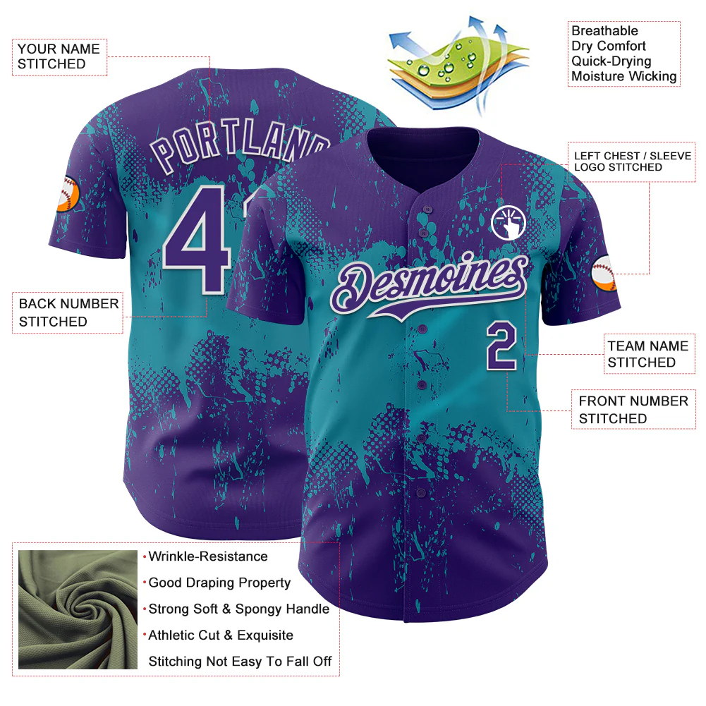 Custom Purple Teal-White Abstract Splatter Grunge Paint Authentic Baseball Jersey - Image 3