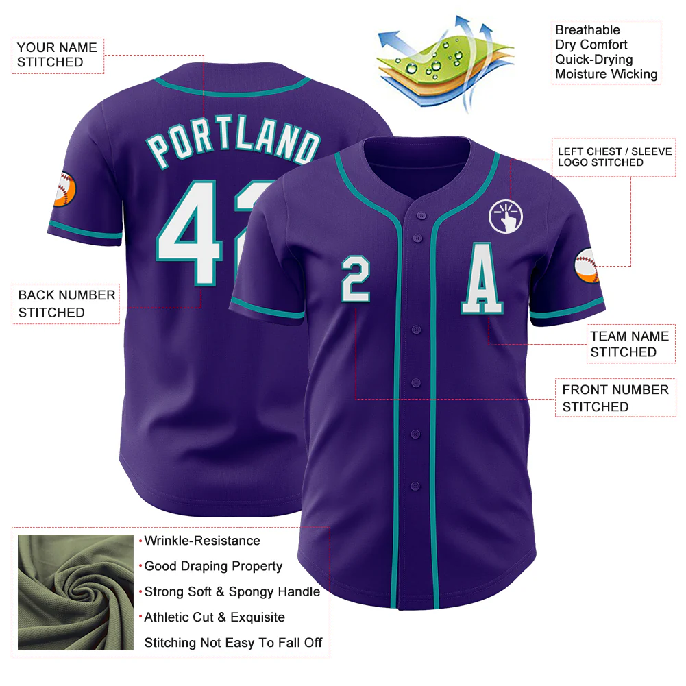 Custom Purple White-Teal Authentic Baseball Jersey - Image 2