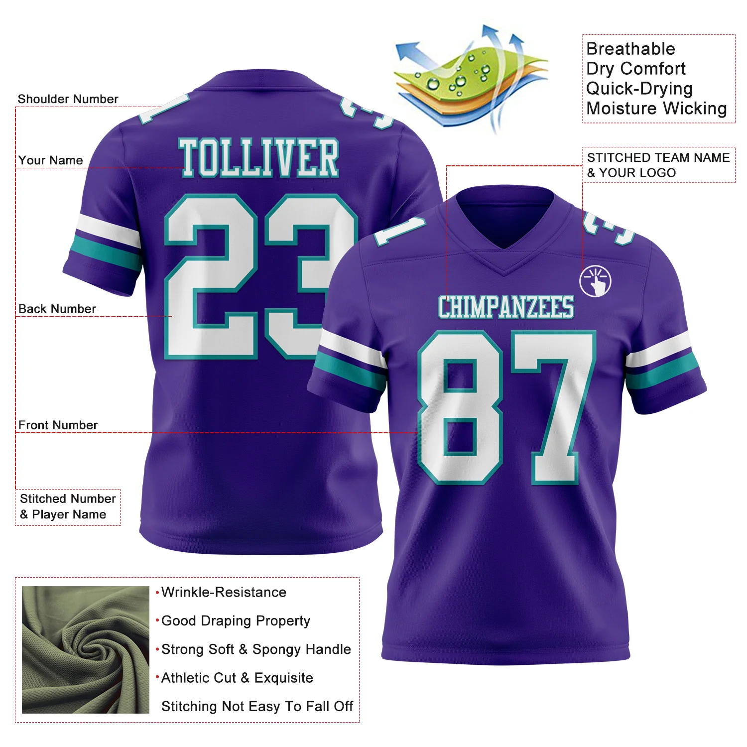 Custom Purple White-Teal Authentic Football Jersey - Image 3