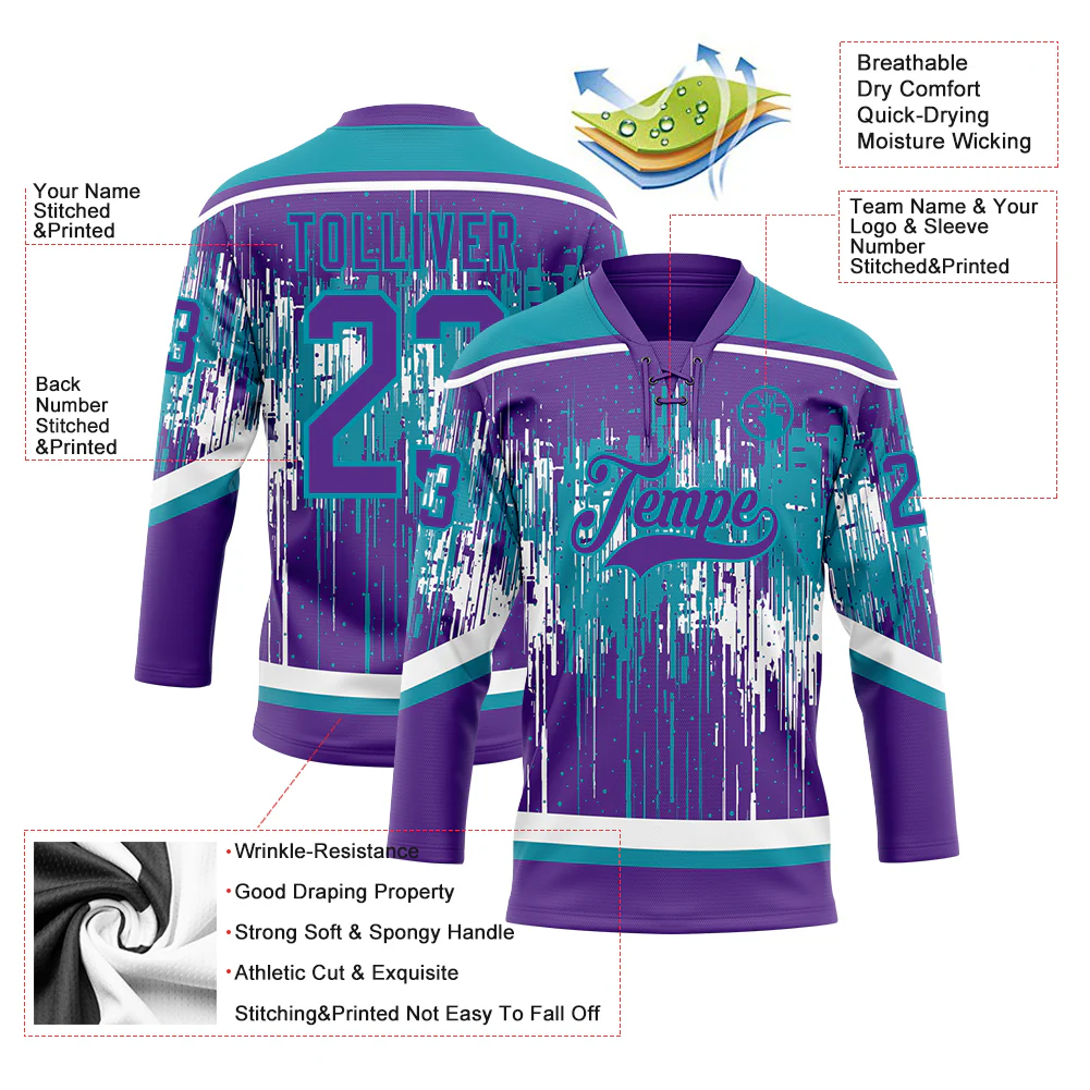 Custom Purple Teal-White Dripping Splatter Pattern Hockey Lace Neck Jersey - Image 5