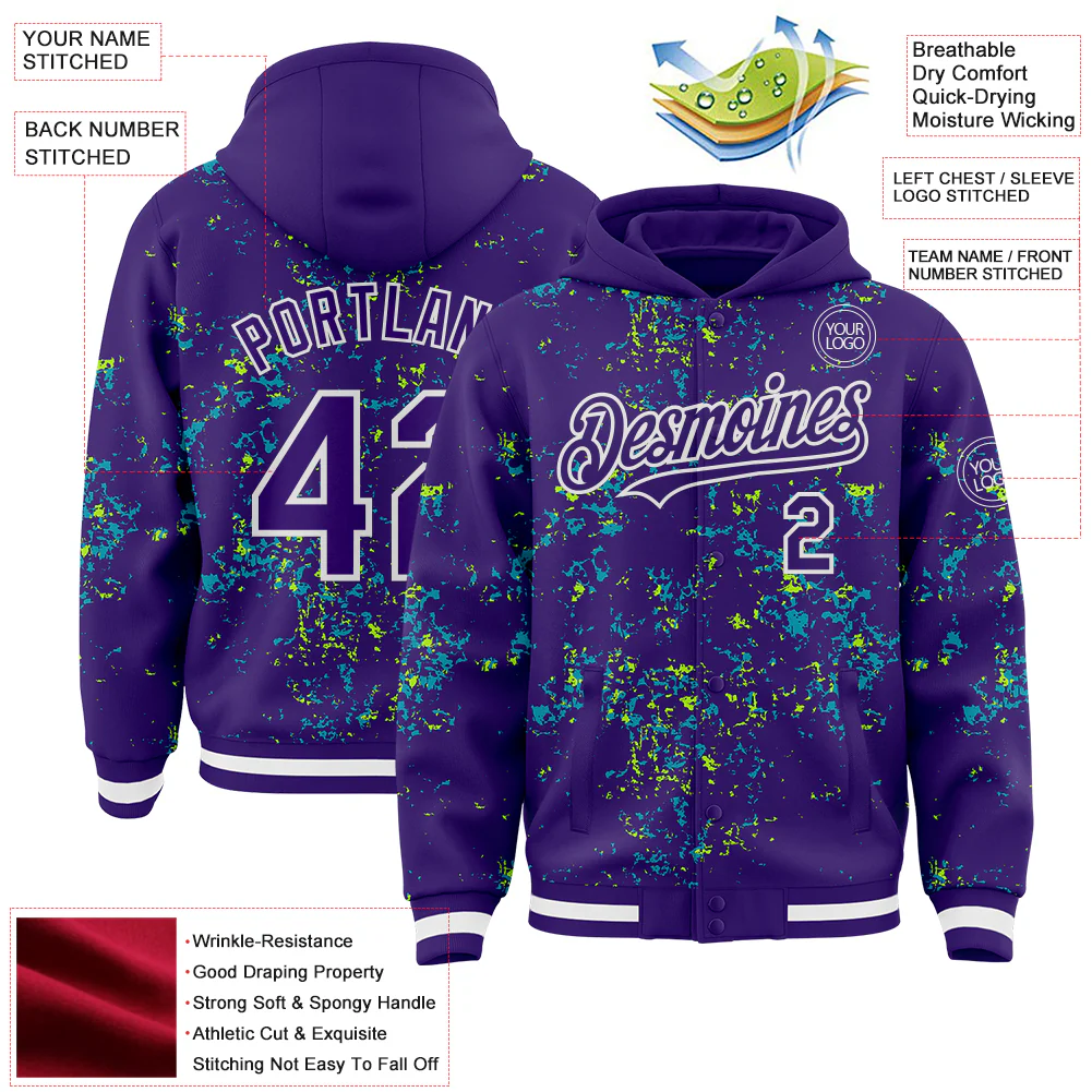 Custom Purple Teal Neon Green-White Fragment Pattern Bomber Full-Snap Varsity Letterman Hoodie Jacket - Image 4