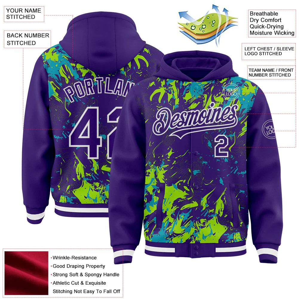 Custom Purple Teal Neon Green-White Splash Bomber Full-Snap Varsity Letterman Hoodie Jacket - Image 4