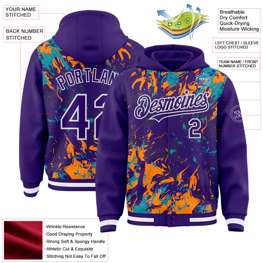 Custom Purple Teal Bay Orange-White Splash Bomber Full-Snap Varsity Letterman Hoodie Jacket - Image 4
