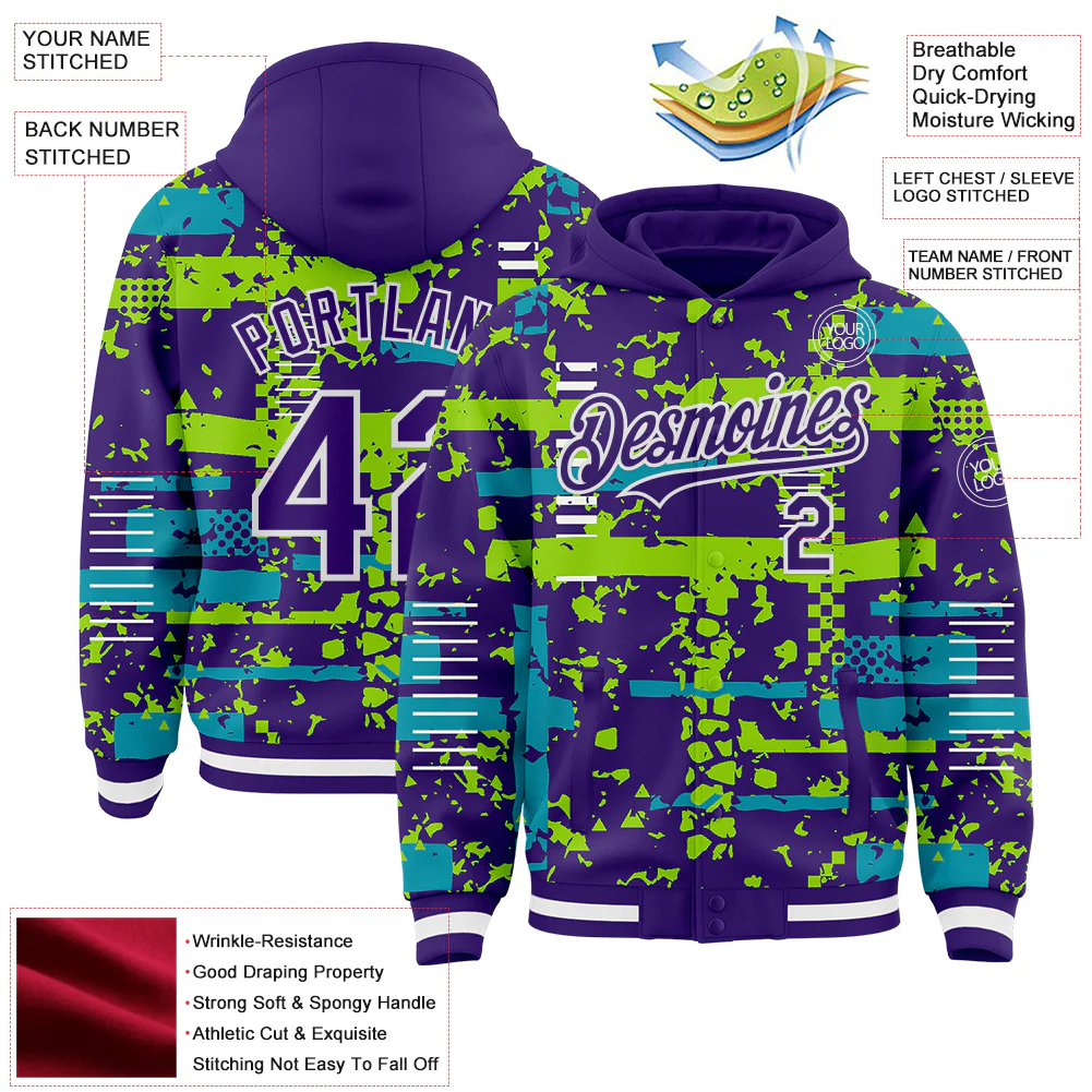 Custom Purple Teal Neon Green-White Abstract Fragment Shape Bomber Full-Snap Varsity Letterman Hoodie Jacket - Image 4