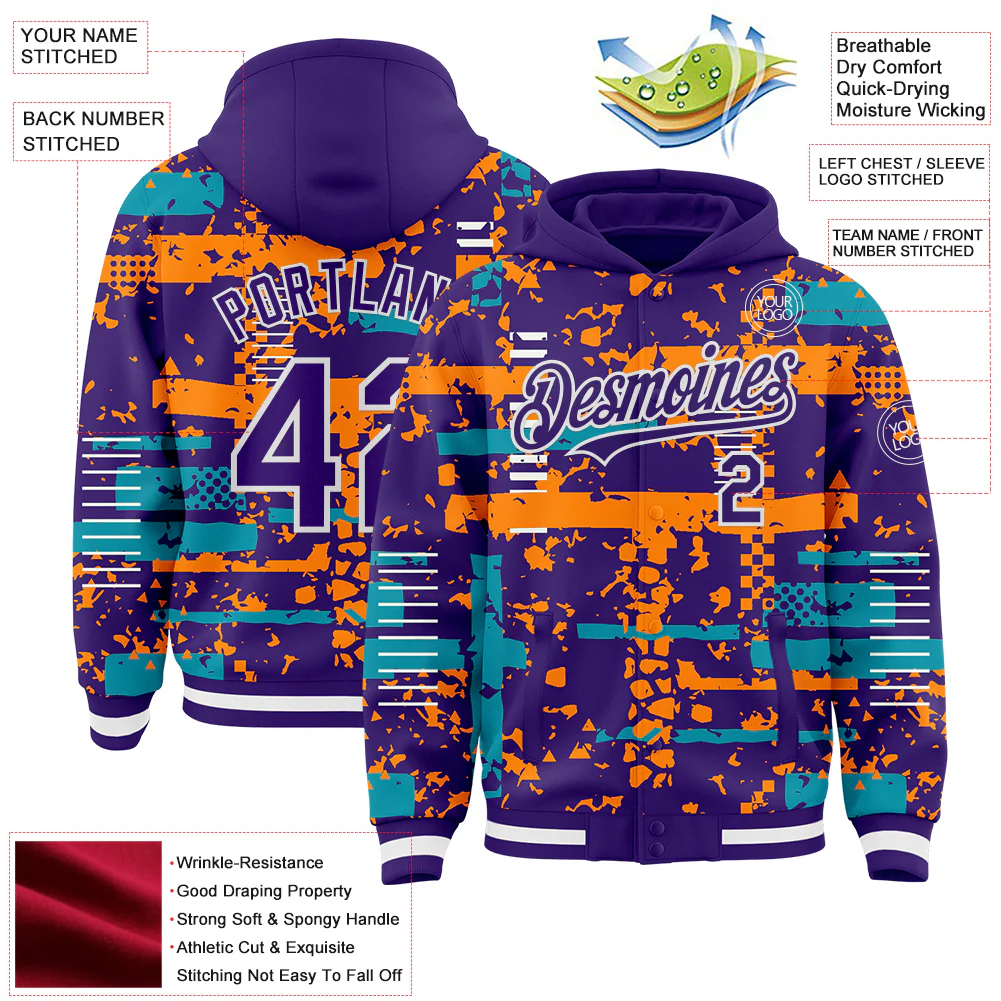 Custom Purple Teal Bay Orange-White Abstract Fragment Shape Bomber Full-Snap Varsity Letterman Hoodie Jacket - Image 4