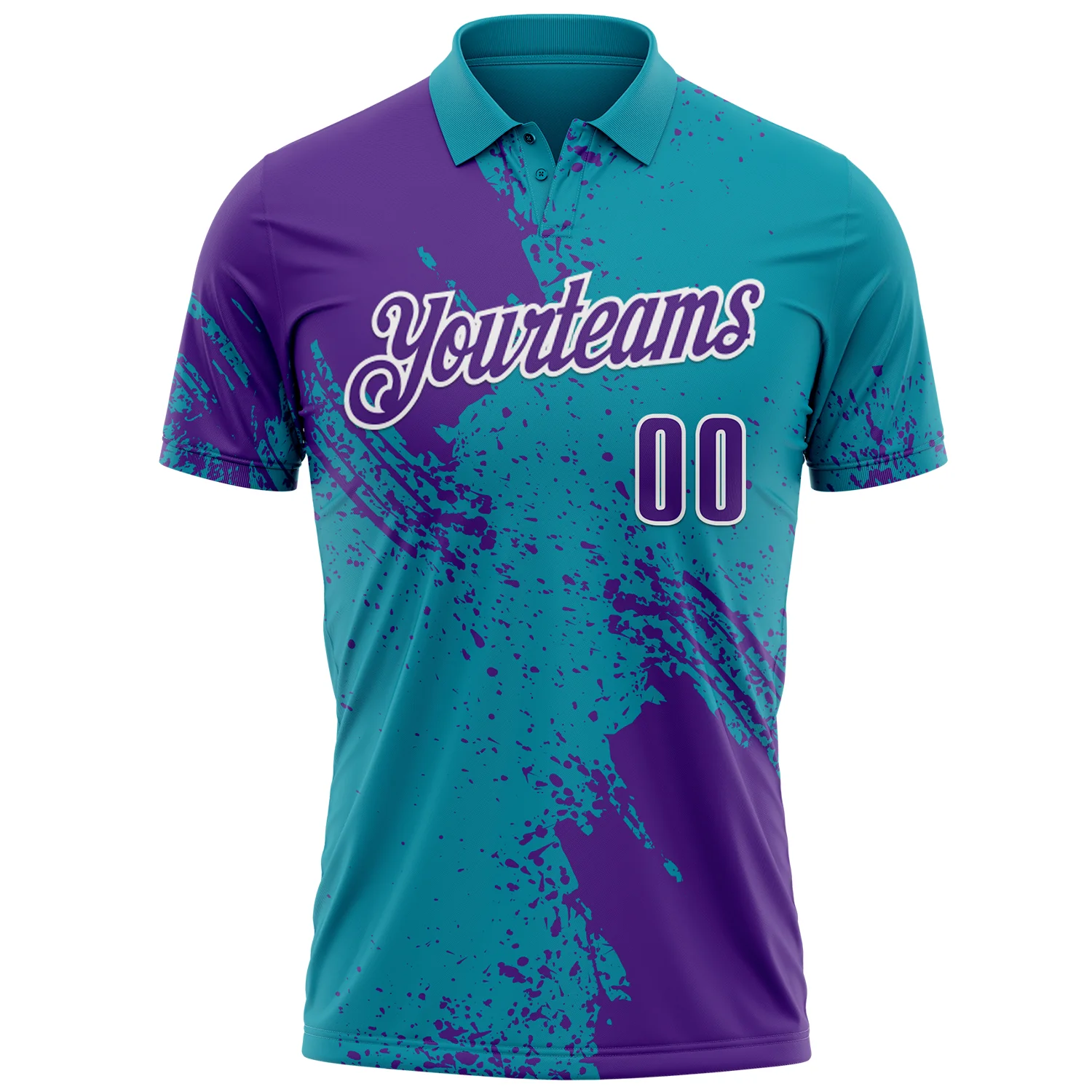 Custom Purple Teal-White 3D Pattern Design Abstract Brush Stroke Performance Polo Shirt - Image 2