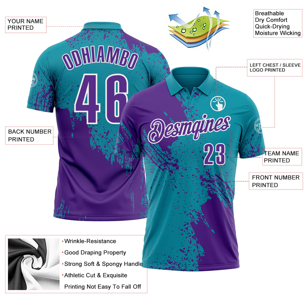 Custom Purple Teal-White 3D Pattern Design Abstract Brush Stroke Performance Polo Shirt - Image 3