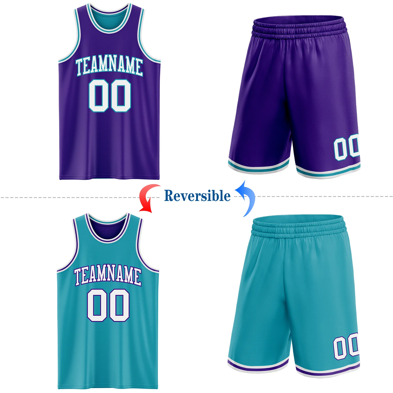 Custom Purple White-Teal Reversible Double Side Sublimation Basketball Suit Jersey - Image 2