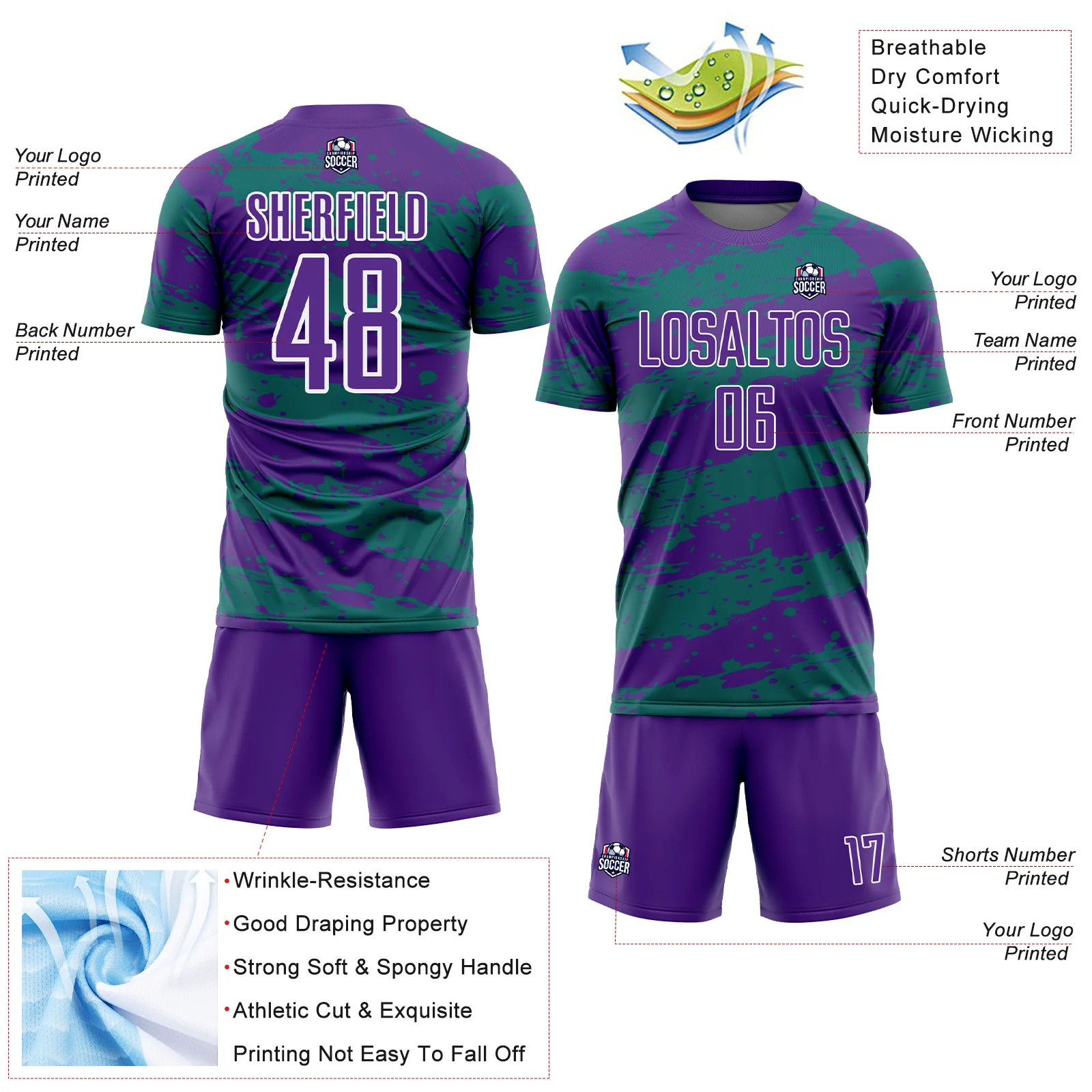 Custom Purple Teal-White Splash Sublimation Soccer Uniform Jersey - Image 4