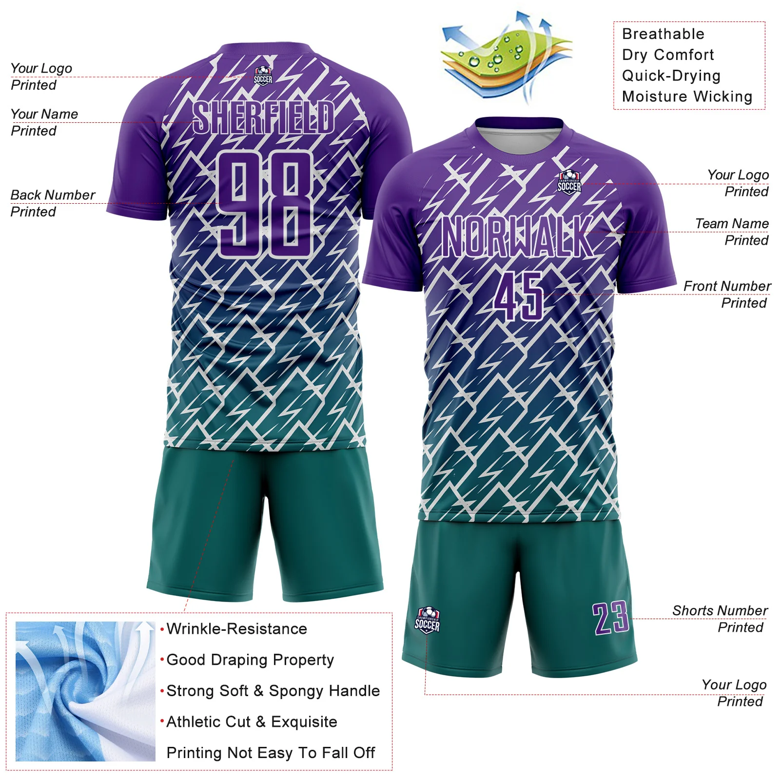 Custom Purple Teal-White Lightning Sports Sublimation Soccer Uniform Jersey - Image 4