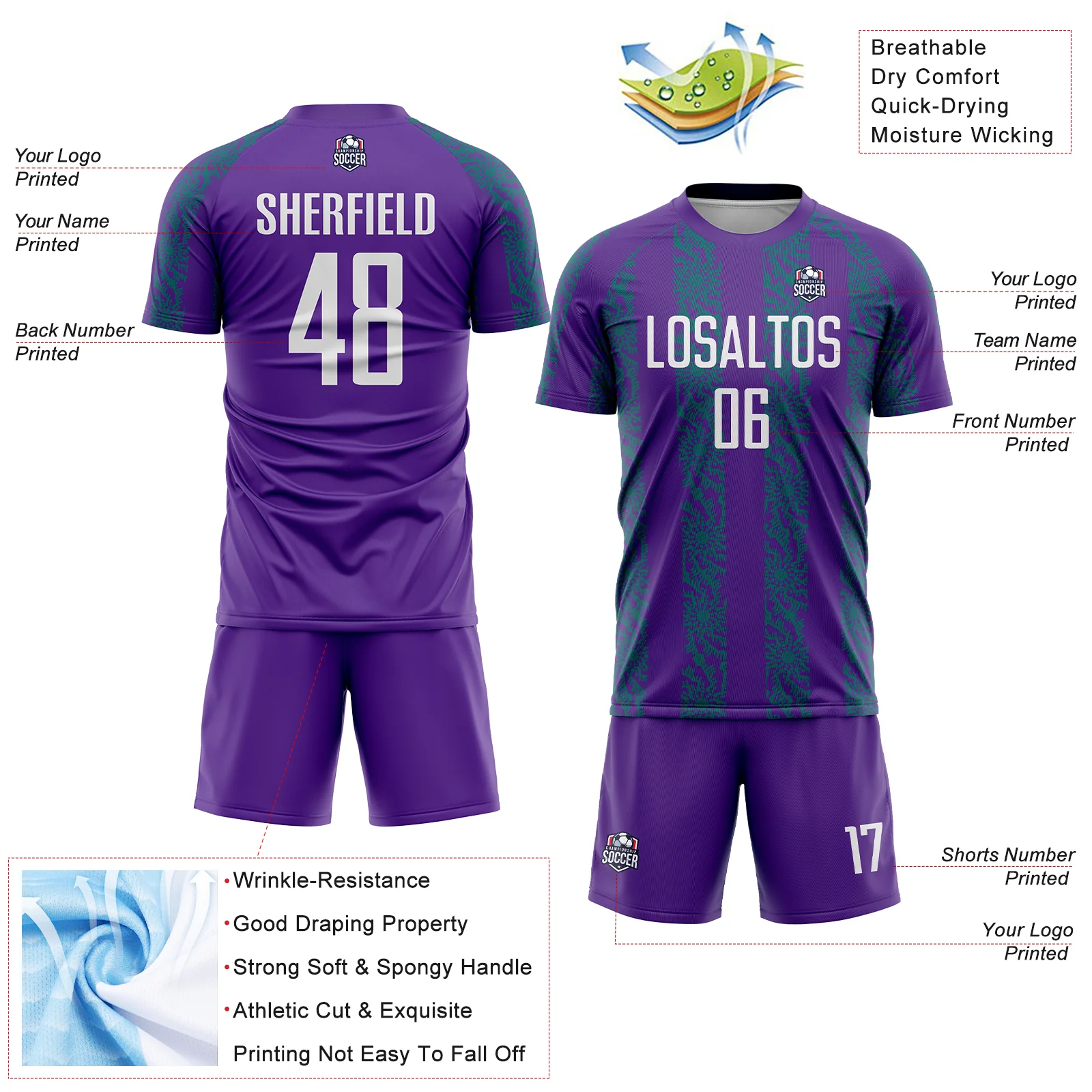 Custom Purple White-Teal Abstract Shape Sublimation Soccer Uniform Jersey - Image 4