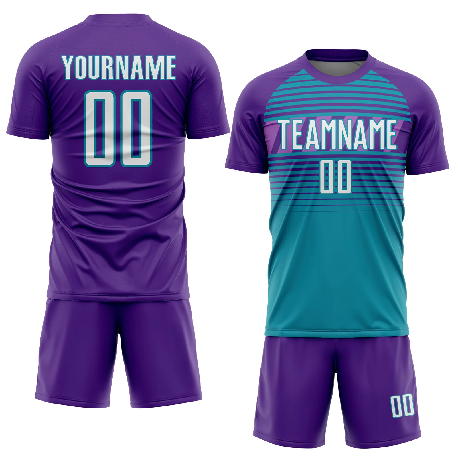 Custom Purple White Teal-Medium Purple Gradient Horizontal Stripes Sublimation Soccer Uniform Jersey - Image 2